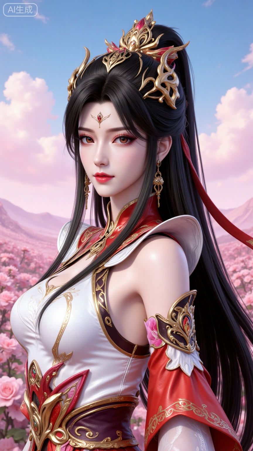 4K,best quality,CG,
xiaoxiao,lvjing,lvjing,
xiaoxiao, 1girl, solo, dress, upper body, long hair, hair ornament, black hair, earrings, facial mark, jewelry, clothing cutout, detached sleeves, white dress, forehead mark, bare shoulders, looking at viewer, red dress, simple background, ponytail, red eyes,makeup,eyeshadow,
nature,flowers,day,sky,cloud,changjing