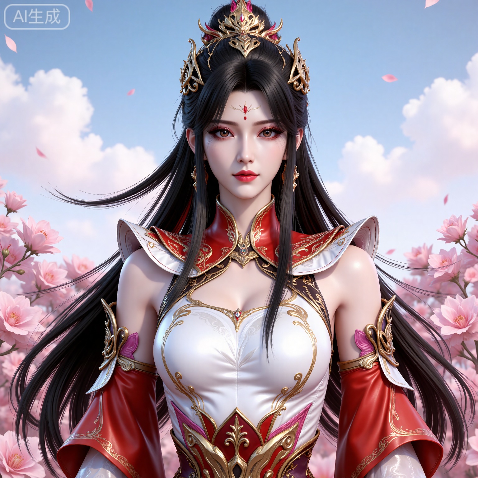 4K,best quality,CG,
xiaoxiao,lvjing,lvjing,
xiaoxiao, 1girl, solo, dress, upper body, long hair, hair ornament, black hair, earrings, facial mark, jewelry, clothing cutout, detached sleeves, white dress, forehead mark, bare shoulders, looking at viewer, red dress, simple background, ponytail, red eyes,makeup,eyeshadow,
nature,flowers,day,sky,cloud,changjing