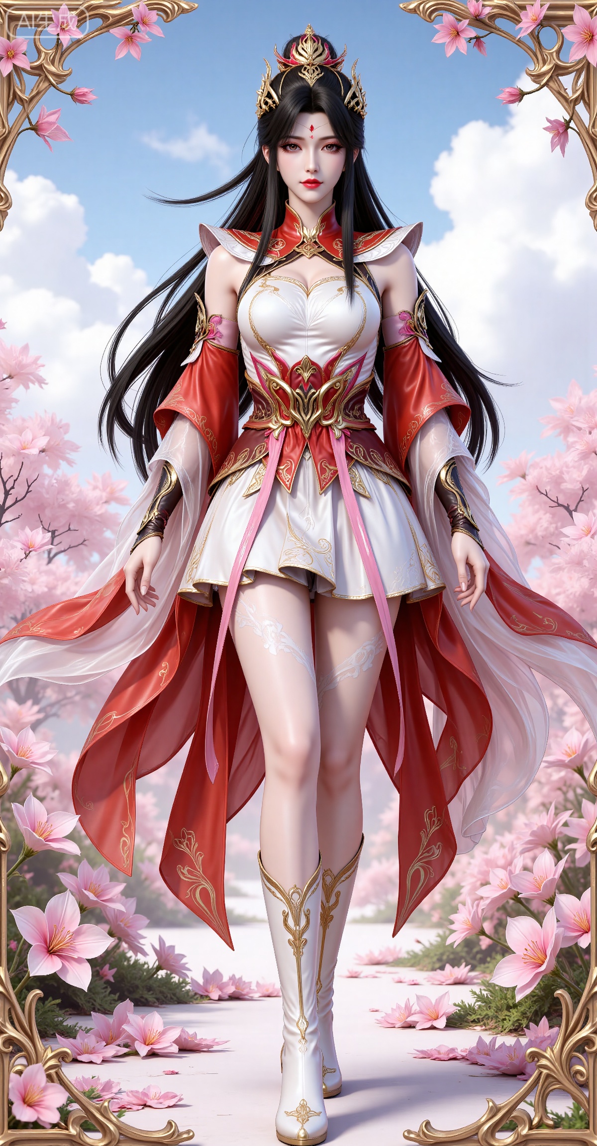 4K,best quality,CG,
xiaoxiao,lvjing,lvjing,
xiaoxiao, 1girl, solo, full body, dress, long hair,red,eyes, facial mark, forehead mark, white dress, hair ornament, black hair, boots, detached sleeves, bare legs, simple background, white footwear, clothing cutout, expressionless,legs,long legs,
nature,flowers,day,sky,cloud,changjing