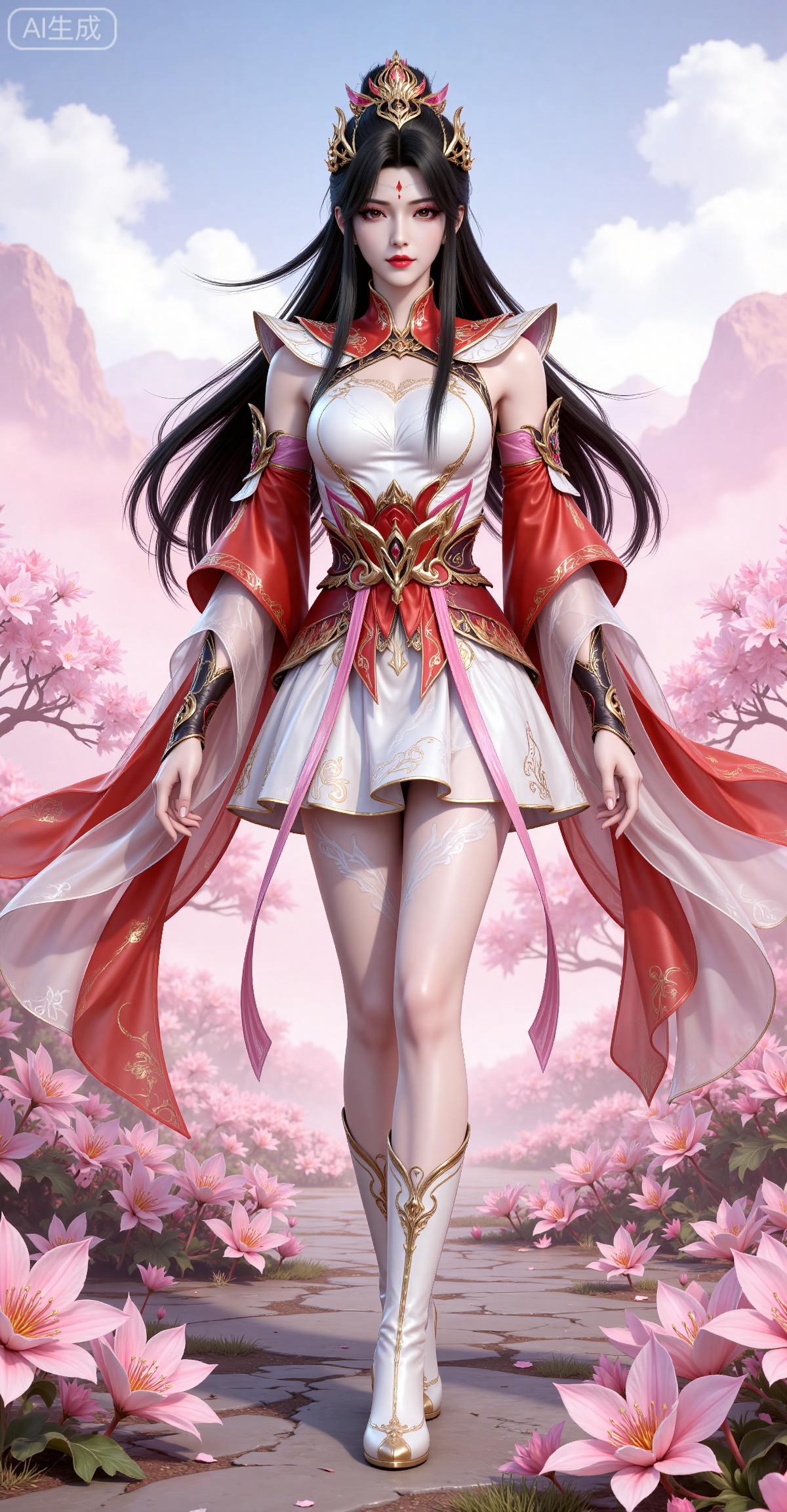4K,best quality,CG,
xiaoxiao,lvjing,lvjing,
xiaoxiao, 1girl, solo, full body, dress, long hair,red,eyes, facial mark, forehead mark, white dress, hair ornament, black hair, boots, detached sleeves, bare legs, simple background, white footwear, clothing cutout, expressionless,legs,long legs,
nature,flowers,day,sky,cloud,changjing