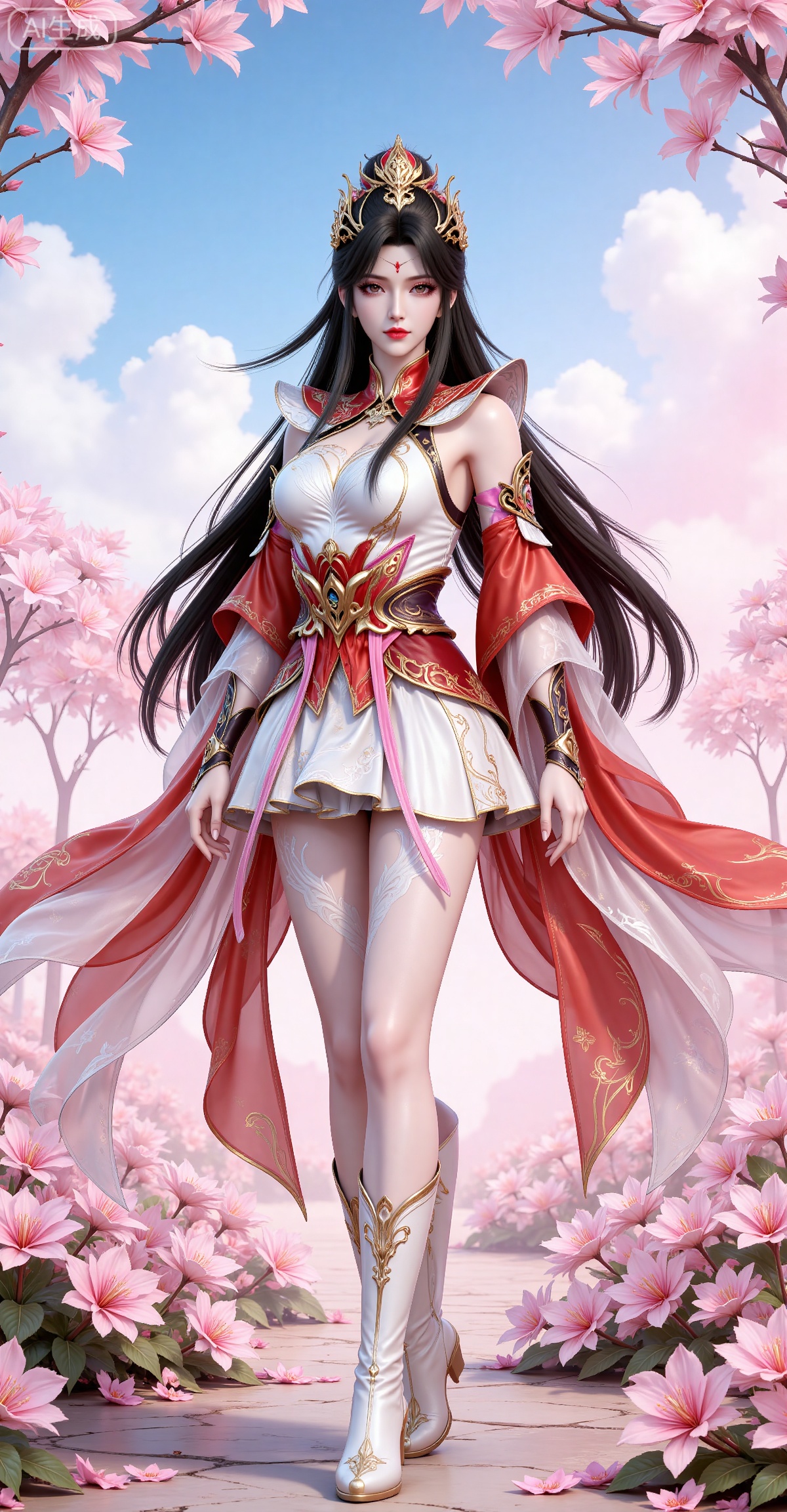 4K,best quality,CG,
xiaoxiao,lvjing,lvjing,
xiaoxiao, 1girl, solo, full body, dress, long hair,red,eyes, facial mark, forehead mark, white dress, hair ornament, black hair, boots, detached sleeves, bare legs, simple background, white footwear, clothing cutout, expressionless,legs,long legs,
nature,flowers,day,sky,cloud,changjing