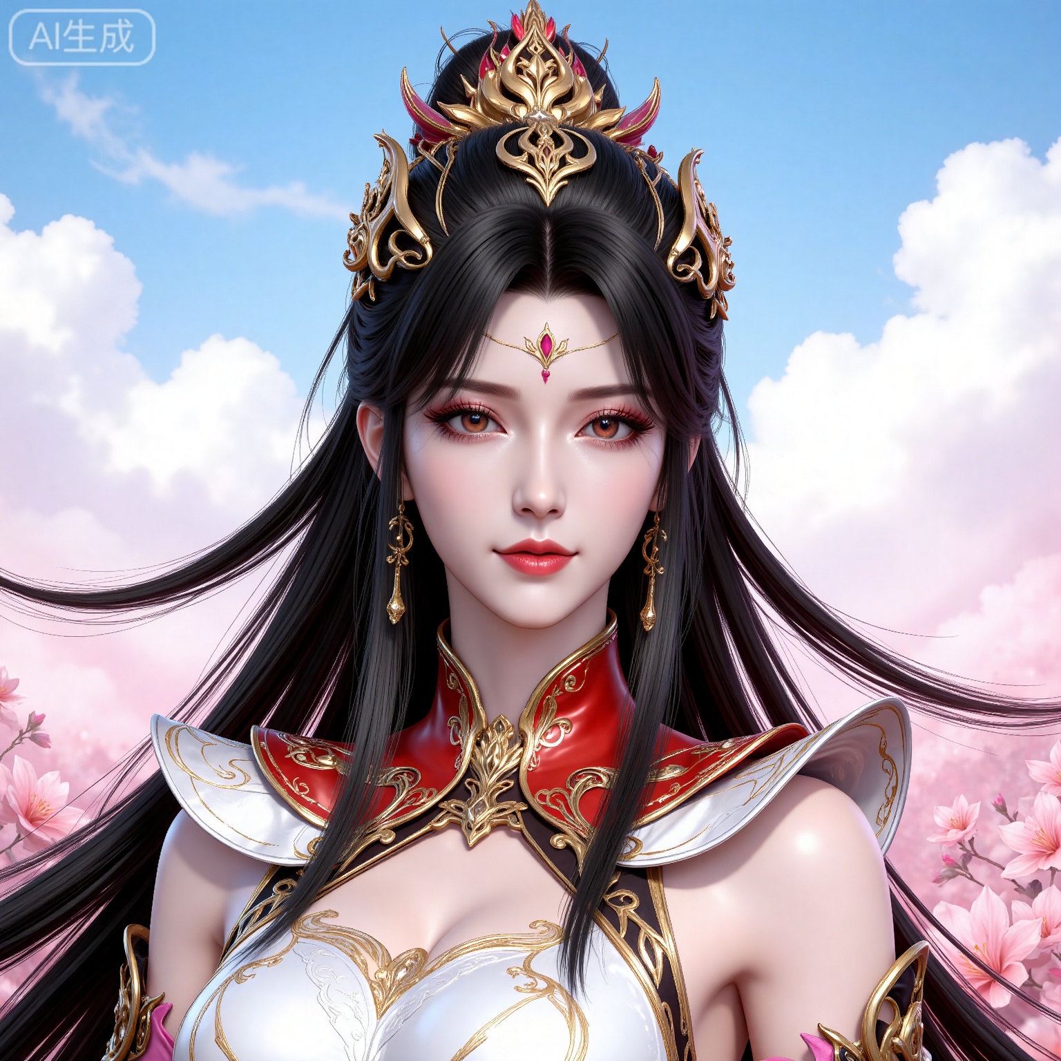 4K,best quality,CG,
xiaoxiao,lvjing,lvjing,
xiaoxiao, 1girl, solo, dress, upper body, long hair, hair ornament, black hair, earrings, facial mark, jewelry, clothing cutout, detached sleeves, white dress, forehead mark, bare shoulders, looking at viewer, red dress, simple background, ponytail, red eyes,makeup,eyeshadow,
nature,flowers,day,sky,cloud,changjing