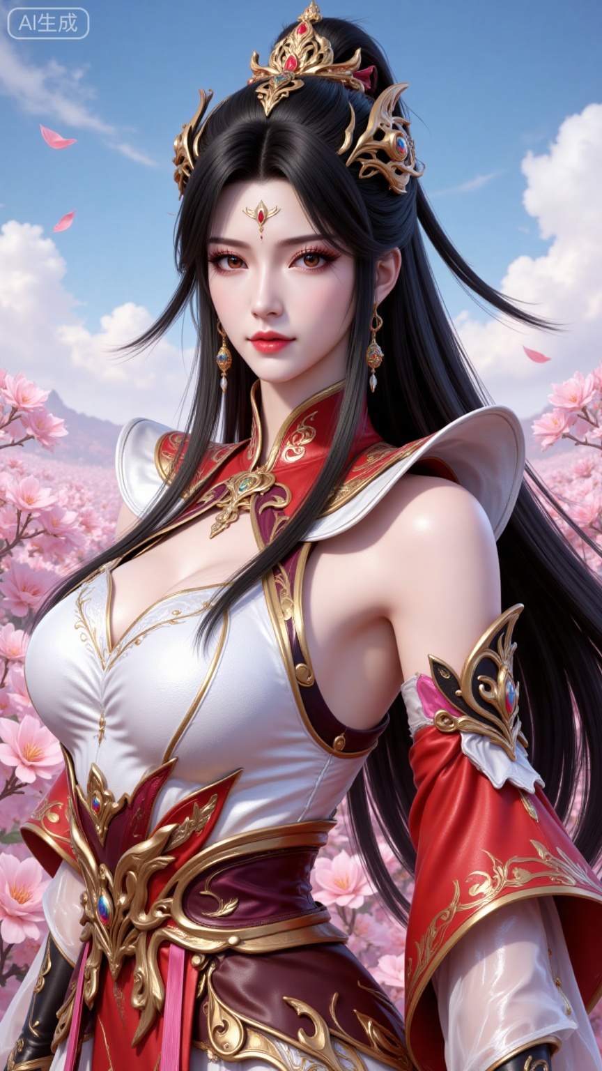 4K,best quality,CG,
xiaoxiao,lvjing,lvjing,
xiaoxiao, 1girl, solo, dress, upper body, long hair, hair ornament, black hair, earrings, facial mark, jewelry, clothing cutout, detached sleeves, white dress, forehead mark, bare shoulders, looking at viewer, red dress, simple background, ponytail, red eyes,
nature,flowers,day,sky,cloud,changjing