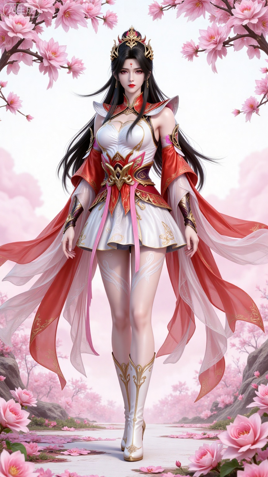 4K,best quality,CG,
xiaoxiao,lvjing,lvjing,
xiaoxiao, 1girl, solo, full body, dress, long hair,red,eyes, facial mark, forehead mark, white dress, hair ornament, black hair, boots, detached sleeves, bare legs, simple background, white footwear, clothing cutout, expressionless,legs,long legs,
nature,flowers,day,sky,cloud,changjing