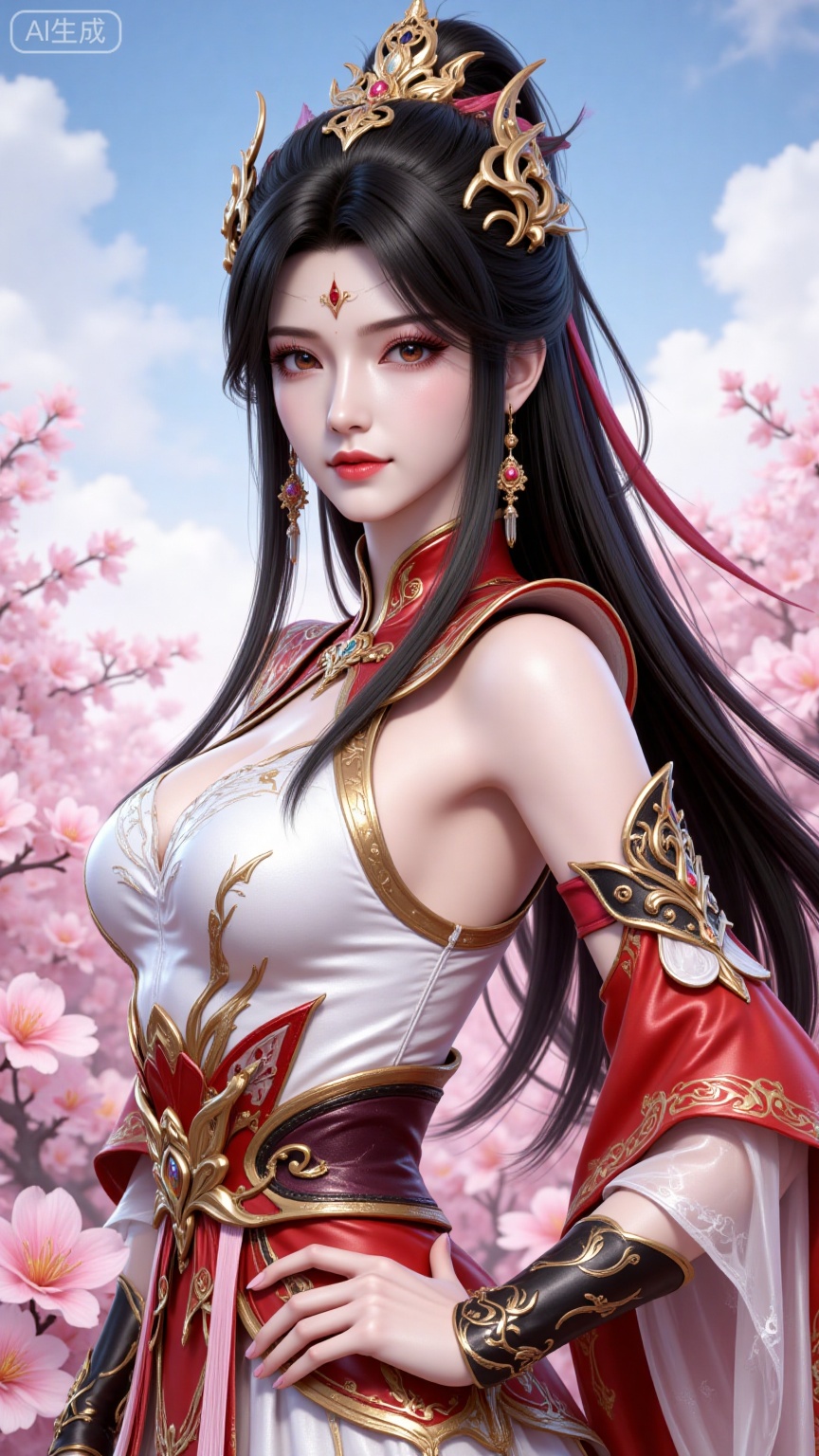4K,best quality,CG,
xiaoxiao,lvjing,lvjing,
xiaoxiao, 1girl, solo, dress, upper body, long hair, hair ornament, black hair, earrings, facial mark, jewelry, clothing cutout, detached sleeves, white dress, forehead mark, bare shoulders, looking at viewer, red dress, simple background, ponytail, red eyes,
nature,flowers,day,sky,cloud,changjing