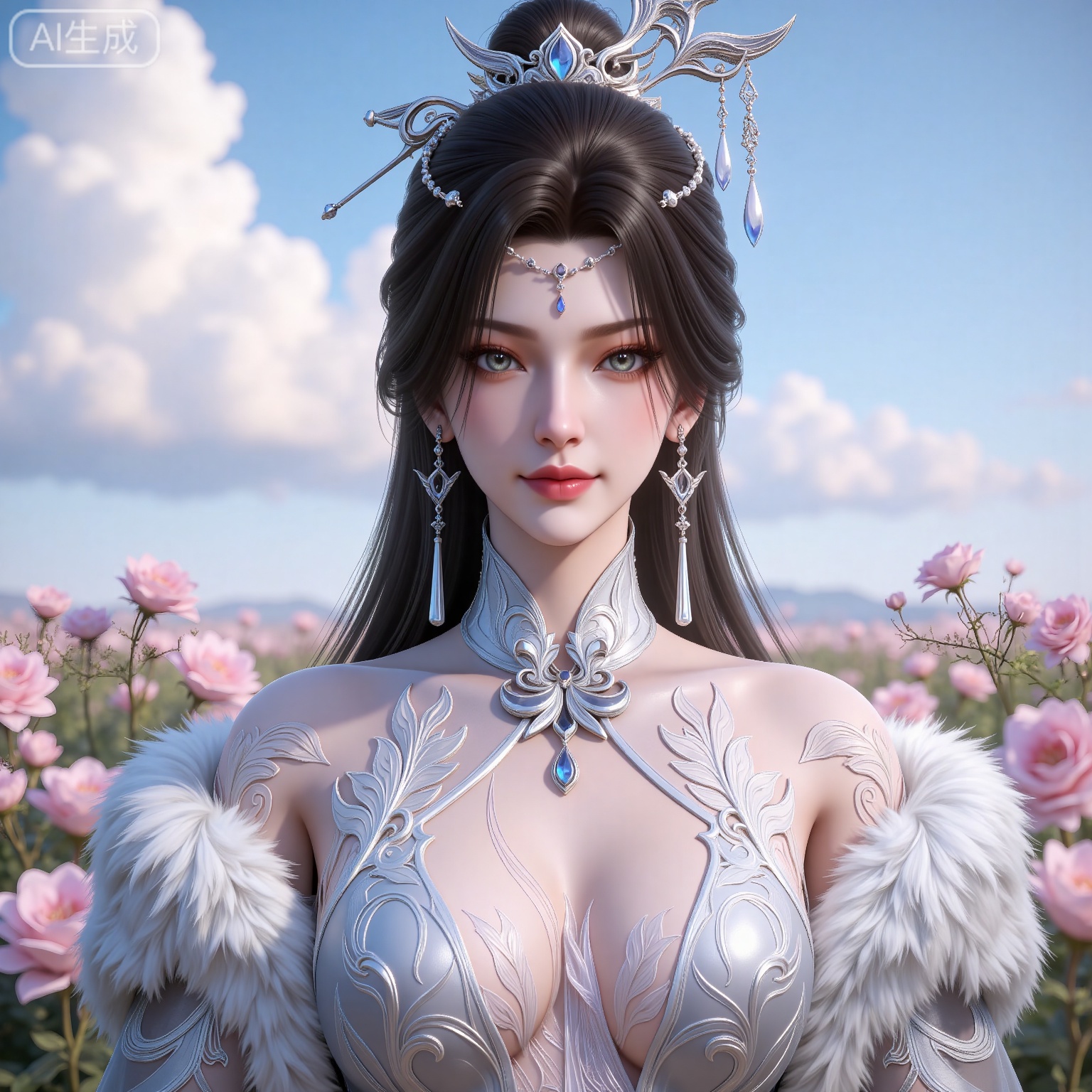 4K,best quality,CG,
xiaoxiao,lvjing,lvjing,
nangongxianer, 1girl, solo, jewelry, blue eyes, earrings, upper body, hair ornament,  long hair, dress, looking at viewer, white dress, simple background, brown hair, fur trim, closed mouth, facial mark, breasts, hair bun, tattoo, black hair,
nature,flowers,day,sky,cloud,changjing,water,