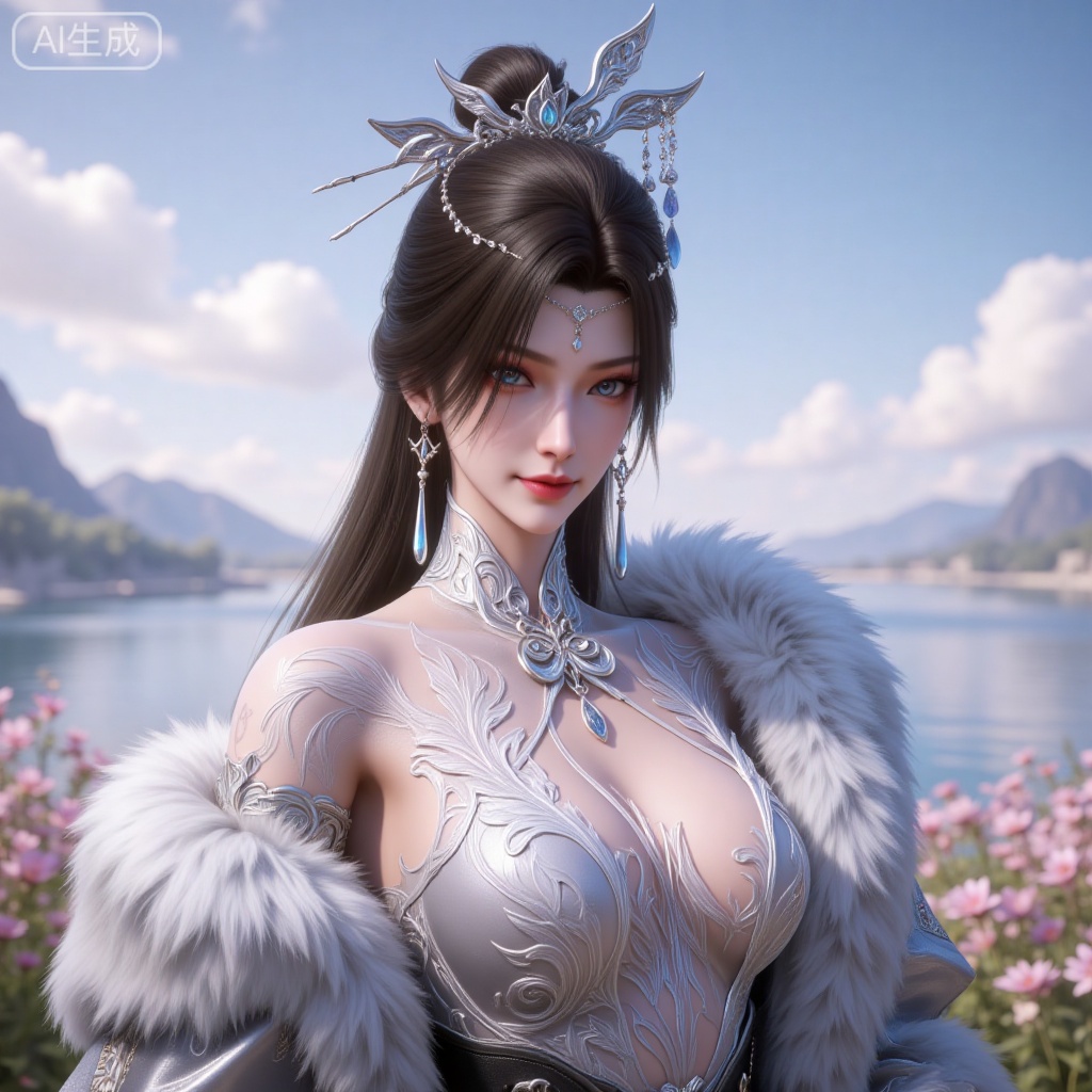 4K,best quality,CG,
xiaoxiao,lvjing,lvjing,
nangongxianer, 1girl, solo, jewelry, blue eyes, earrings, upper body, hair ornament,  long hair, dress, looking at viewer, white dress, simple background, brown hair, fur trim, closed mouth, facial mark, breasts, hair bun, tattoo, black hair,
nature,flowers,day,sky,cloud,changjing,water,