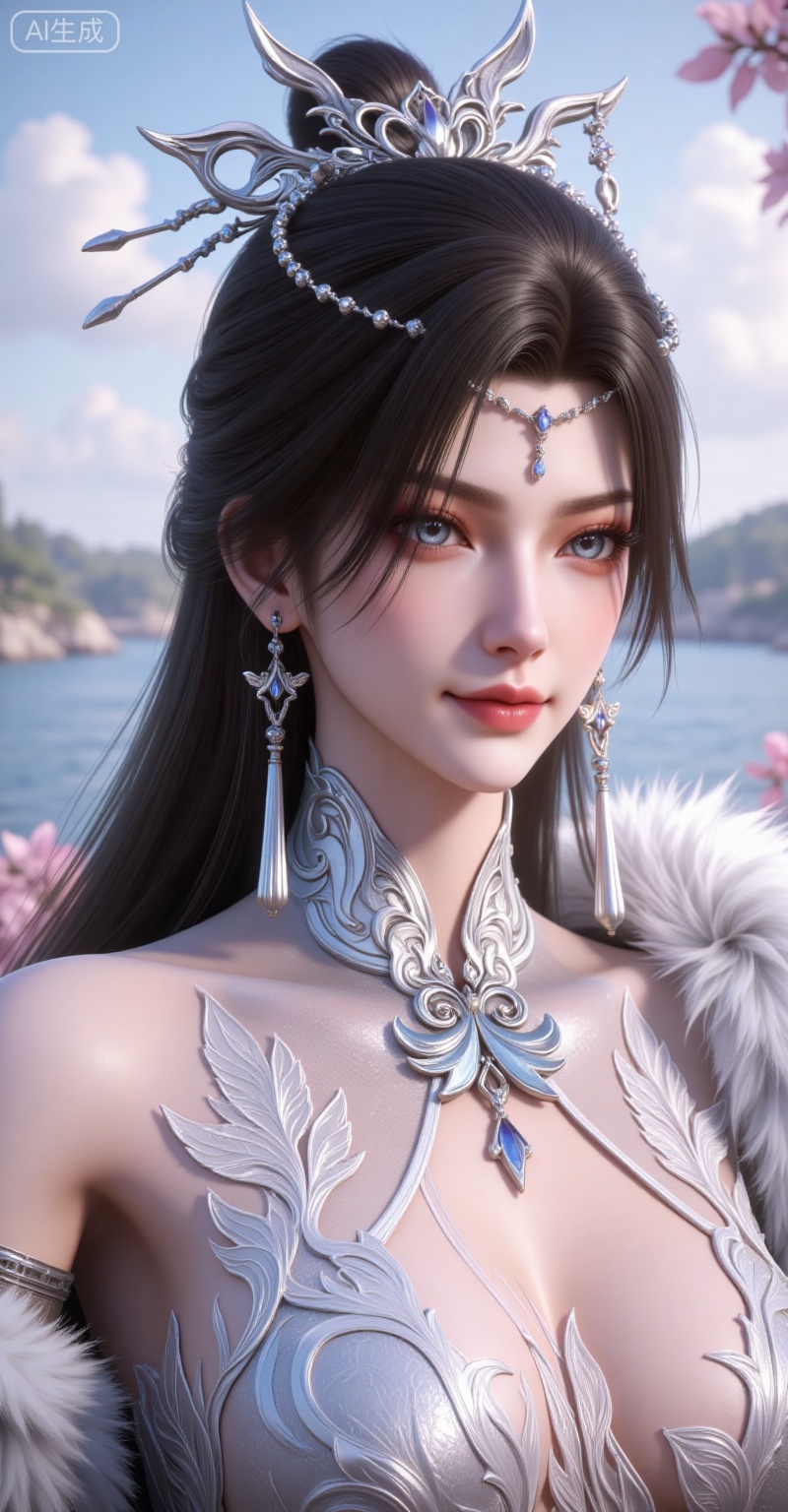 4K,best quality,CG,
xiaoxiao,lvjing,lvjing,
nangongxianer, 1girl, solo, jewelry, blue eyes, earrings, upper body, hair ornament,  long hair, dress, looking at viewer, white dress, simple background, brown hair, fur trim, closed mouth, facial mark, breasts, hair bun, tattoo, black hair,
nature,flowers,day,sky,cloud,changjing,water,