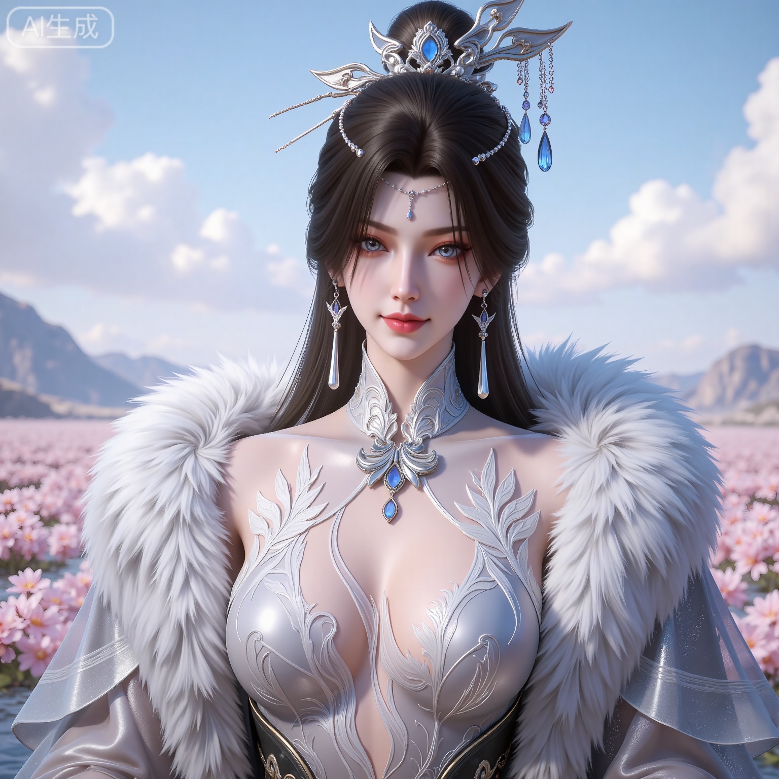 4K,best quality,CG,
xiaoxiao,lvjing,lvjing,
nangongxianer, 1girl, solo, jewelry, blue eyes, earrings, upper body, hair ornament,  long hair, dress, looking at viewer, white dress, simple background, brown hair, fur trim, closed mouth, facial mark, breasts, hair bun, tattoo, black hair,
nature,flowers,day,sky,cloud,changjing,water,