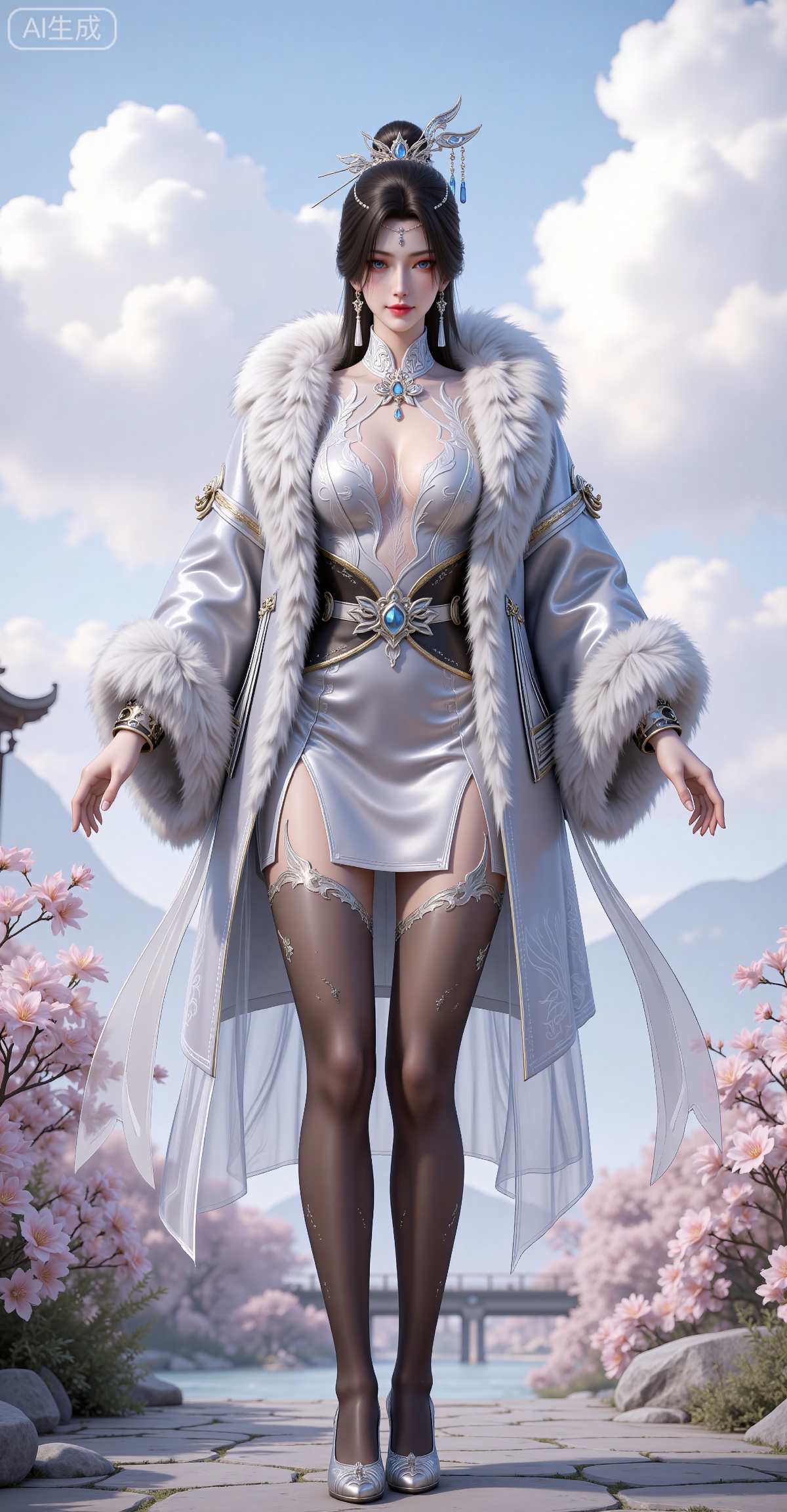 4K,best quality,CG,
xiaoxiao,lvjing,lvjing,
nangongxianer, 1girl, solo, full body, thighhighs, jewelry, black hair, hair ornament, breasts, dress, earrings, facial mark, forehead mark, standing, hair stick, looking at viewer, simple background, coat, white dress, hair bun, cleavage cutout, long hair,  blue eyes, fur trim, fur coat, chinese clothes, long sleeves,legs,long legs,
nature,flowers,day,sky,cloud,changjing,water,