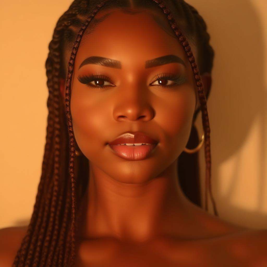 This is a high-resolution,  close-up photograph of a young woman with a rich,  dark brown complexion and a radiant on Tens...