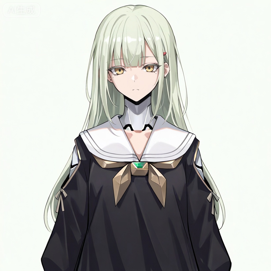 masterpiece, best quality,solo,white background,simple_background,Wakaba Mutsumi,cybersaki_style,long hair,green hair,bangs,blunt bangs,yellow eyes,hair ornament,hairclip,blonde hair,doll joints,jewelry,black dress,white sailor collar,robot joints,