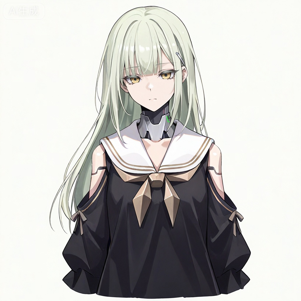 masterpiece, best quality,solo,white background,simple_background,Wakaba Mutsumi,cybersaki_style,long hair,green hair,bangs,blunt bangs,yellow eyes,hair ornament,hairclip,blonde hair,doll joints,jewelry,black dress,white sailor collar,robot joints,