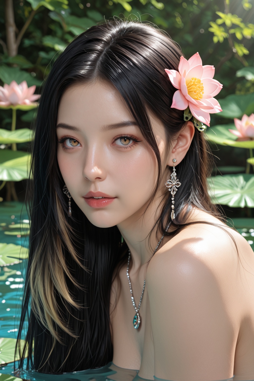 ......... ),  1girl solo long hair looking at viewer black hair hair ornament bare shoulders jewelry upper body flower ear...