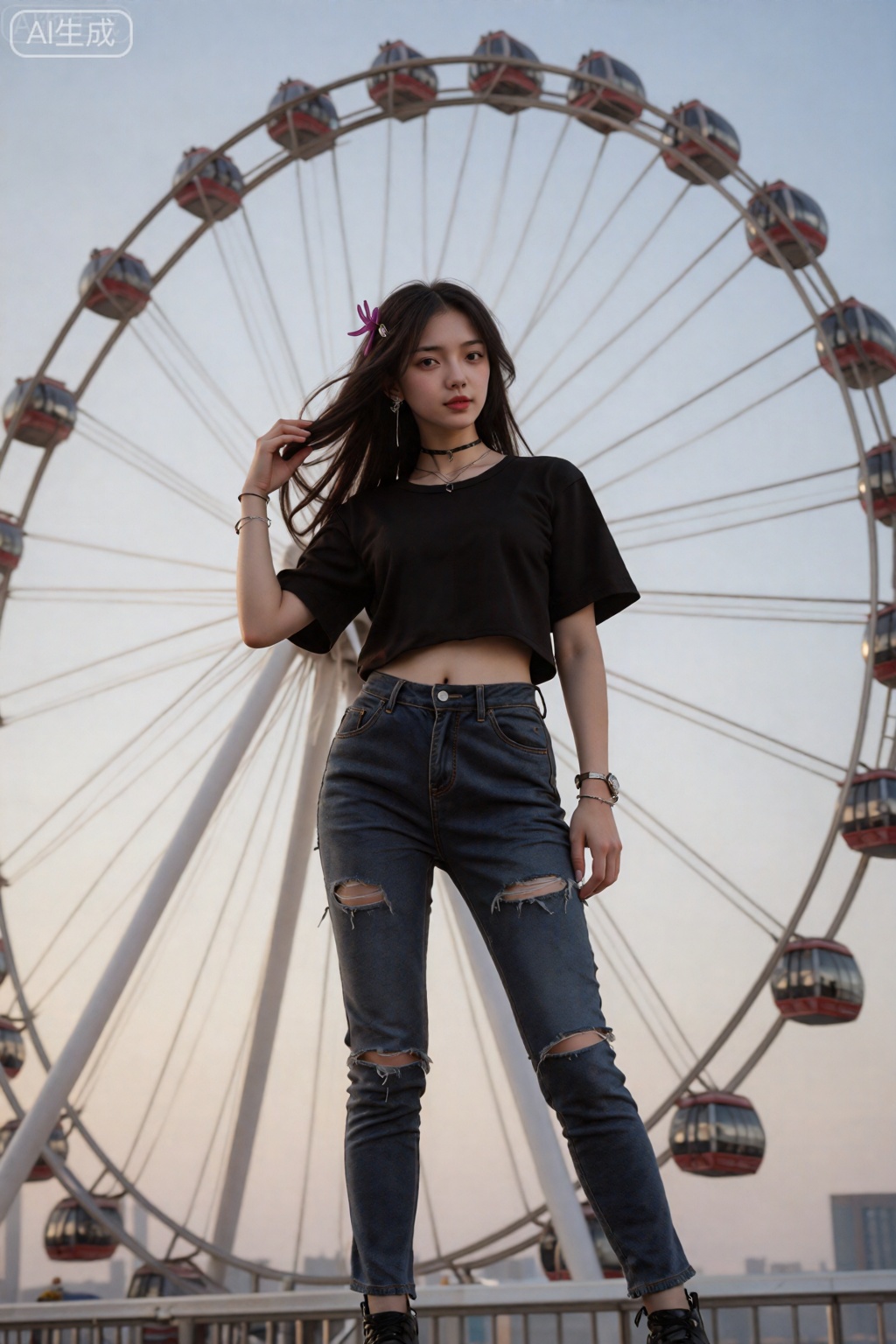 .This photograph captures a young woman standing in front of a large Ferris wheel,  taken from a low,  upward angle. She h...