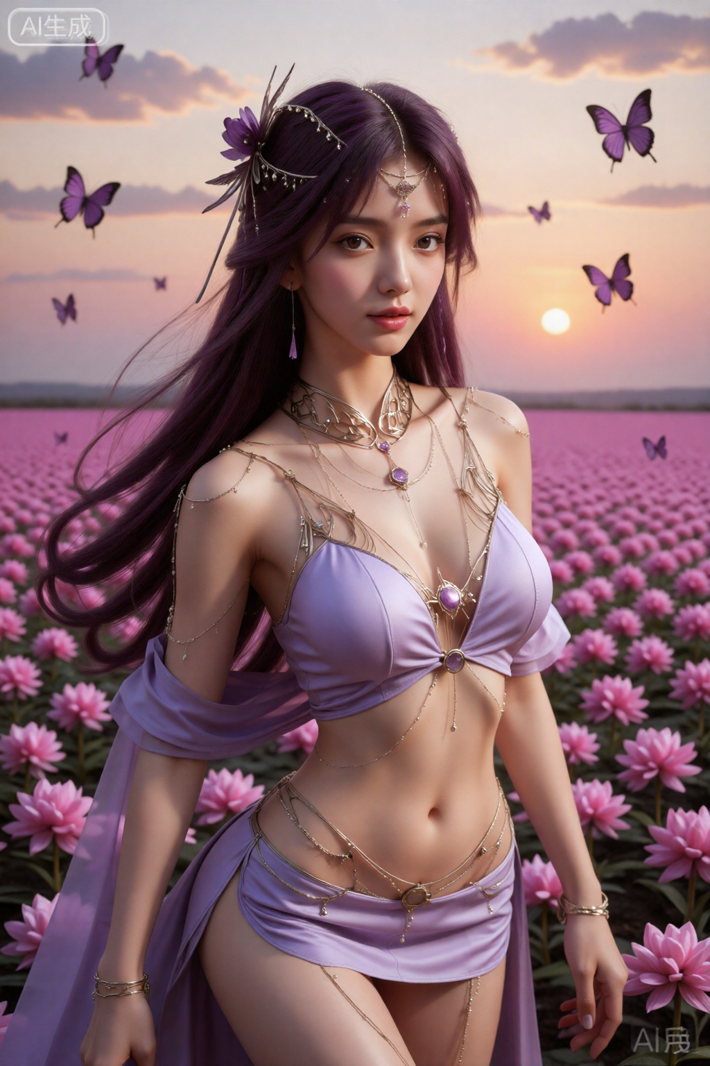 动漫风格的数字艺术,  描绘了一位美丽苗条的女性,  有着飘逸的紫色长发和白皙的皮肤。她穿着一件暴露的淡紫色服装 on Tensor.Art