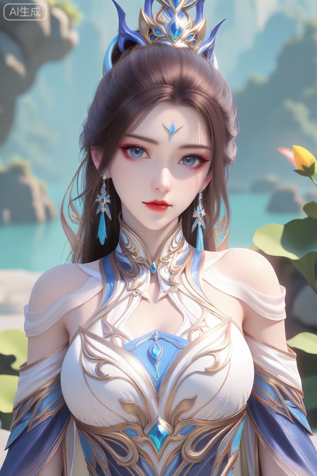 姬凝霜,masterpiece,best quality,official art,extremely detailed CG unity 8k wallpaper,1girl, solo, long hair, looking at viewer, blue eyes, brown hair, hair ornament, dress, bare shoulders, jewelry, earrings, blue dress, facial mark, forehead mark, 