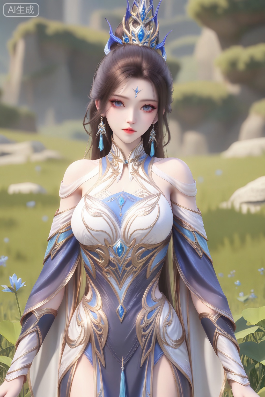 姬凝霜,masterpiece,best quality,official art,extremely detailed CG unity 8k wallpaper,1girl, solo, long hair, looking at viewer, blue eyes, brown hair, hair ornament, dress, bare shoulders, jewelry, earrings, blue dress, facial mark, forehead mark, 