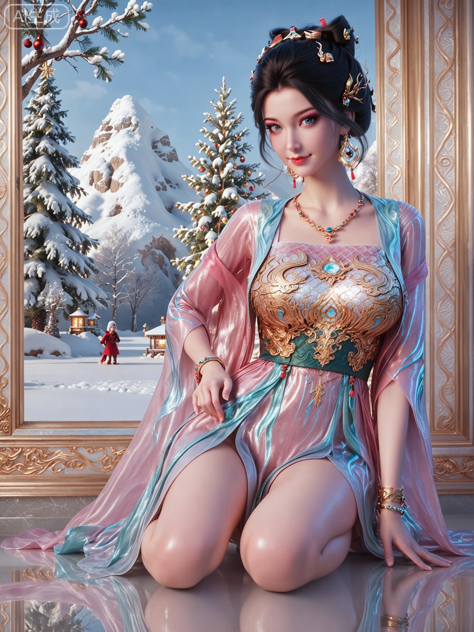 score_9,score_8_up,score_7_up,masterpiece,(best quality),(intricate details:0.9) BREAK (intricate details:0.9),(realistic skin:1.2),masterpiece,best quality,newest,absurdres,hiahres,1girl,jewelry,hair ornament,dress,necklace,lips,eyeshadow,bracelet,tassel,(8k ultra-clear, pony style),photo pose 0.6, micro-expression: soft smile 0.3, half-body + medium shot 0.7,1girl,looking_at_viewer,1boy,hair,realistic,photorealistic,Vivid Colors,bright environment,shiny skin,shiny hairjewelry,detail eyes,Eyes highlights,glowing,sunshine,bright,reflection,bright,sunshine on face,shiny,shinny,petite,thin,leg slimming,lose weight,slim hips,lakeside,delicate water,reflection,(full body:1.3)sitting_down,eyelashes,snow,Winter,Snowy landscape,Snow accumulation,Christmas tree,(huge breasts:1),black hair,