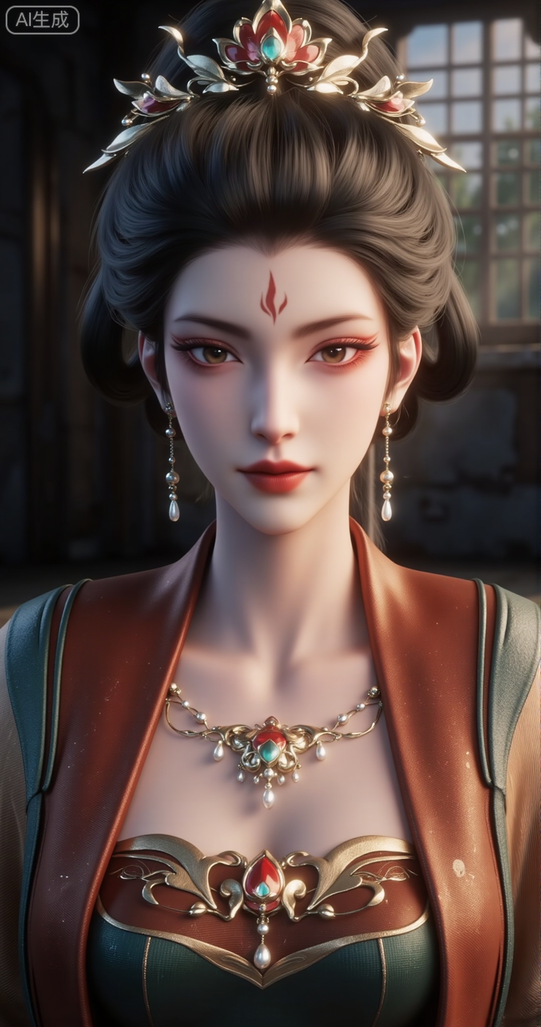 Create an ultra-realistic photo photography of an anime character cosplaying with strong contrast between light and dark, ultra-high definition, and a drapey feeling. The character has narrow eyes with red phoenix eyes, slender eye tails, crimson eye shadow, long curled eyelashes, and delicate clear and rosy skin with a glossy texture. The eyes are beautiful with translucent starlight pupils, and she wears tassel gemstone earrings. Between her eyebrows, there is a delicate pink chrysanthemum flower. Her lips have a warm and shiny glitter lip glaze, with real and delicate texture and extreme skin details.

The aesthetic is an archaic, full of story and a chilling atmosphere, using deep red, gold, silver, dark green, and other main colors. Insert extreme delicate and prosperous flowers, using thick coating and smudged gouache techniques to create a grainy, textured, and pigmented texture. The background is a blurry, dark, dilapidated, and cold room scene, with overlapping and diffuse gradient effects, full colors, and rich layers. Add complex details and mysterious elements, creating a dreamy and hazy effect. The focus is slightly blurred, with a dark atmosphere, cold colors, and strong light and shadow contrast. In the foreground, there are blurred red lines and weird style, fuzzy mist with complicated pendant embellishments, soft light, and natural color transition. Crystal chains crisscross to emit a faint light, exuding a mysterious and charming weird beauty. The beauty and the scene are combined and integrated into one.