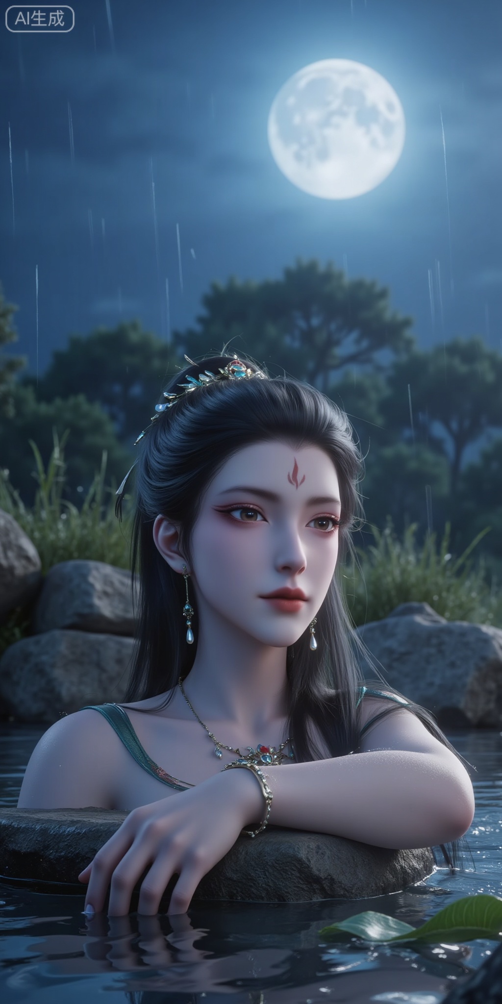 Water hibiscus, wet, rainy, night, full moon, huge moon, myth, fairy, 18 years old, lying on a stone in the water, sweet, pure, dreamlike, film simulation, high definition, movie lighting, eyes decorated with stars, light blue background, whitening effect, 8k, wearing a diamond bracelet on the arm.