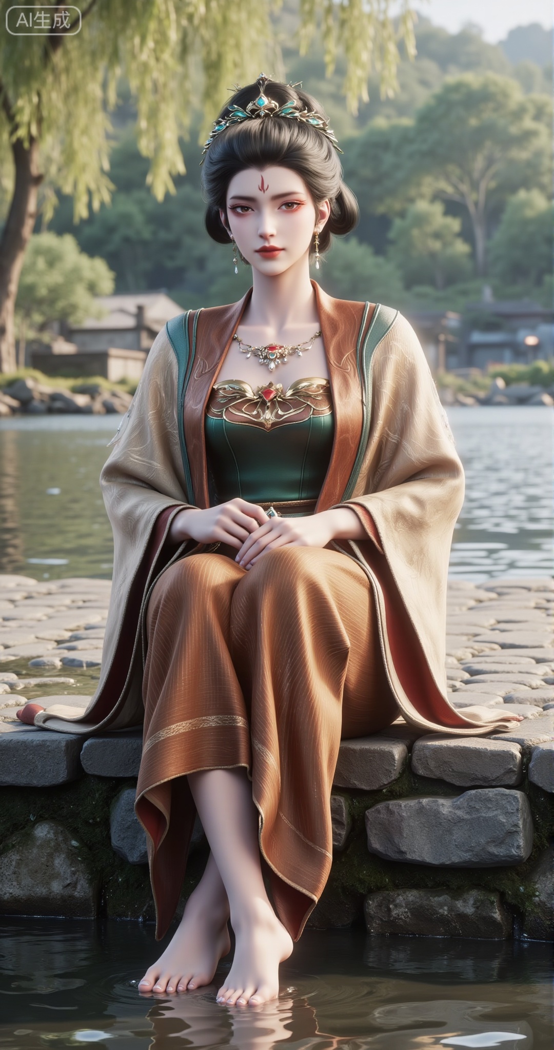 Film photography style, hyper-detailed CGI rendering, ancient Chinese scene — a stunning Chinese woman with fair porcelain skin and delicate features sits on stone steps by a gurgling river, her bare feet dipped gently into the clear water, ripples spreading around her toes. Her jet-black hair is intricately styled into an ornate updo, adorned with dainty jewel-encrusted hairpins. She wears striking red eyeshadow, a vivid red triangular mark on her forehead, and her lips are tinted with a soft red hue, expression serene and tranquil. Dressed in exquisite traditional attire: a green corset with elaborate golden embroidery, a rich brown skirt, and a beige shawl with chestnut stripe motifs, paired with a matching red and gold necklace and earrings. Shot on Kodak Portra 400 film, soft film grain, warm color grading, gentle natural light filtering through willow branches, shallow depth of field, nostalgic cinematic atmosphere.