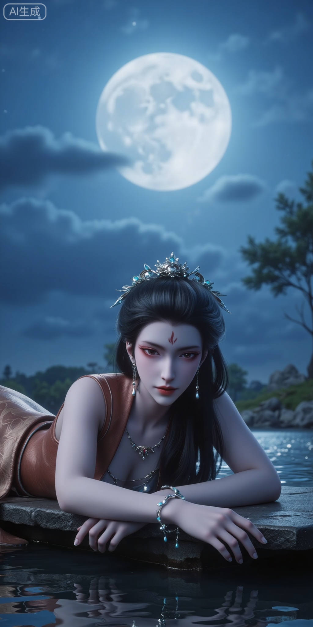 Water hibiscus, wet, rainy, night, full moon, huge moon, myth, fairy, 18 years old, lying on a stone in the water, sweet, pure, dreamlike, film simulation, high definition, movie lighting, eyes decorated with stars, light blue background, whitening effect, 8k, wearing a diamond bracelet on the arm.