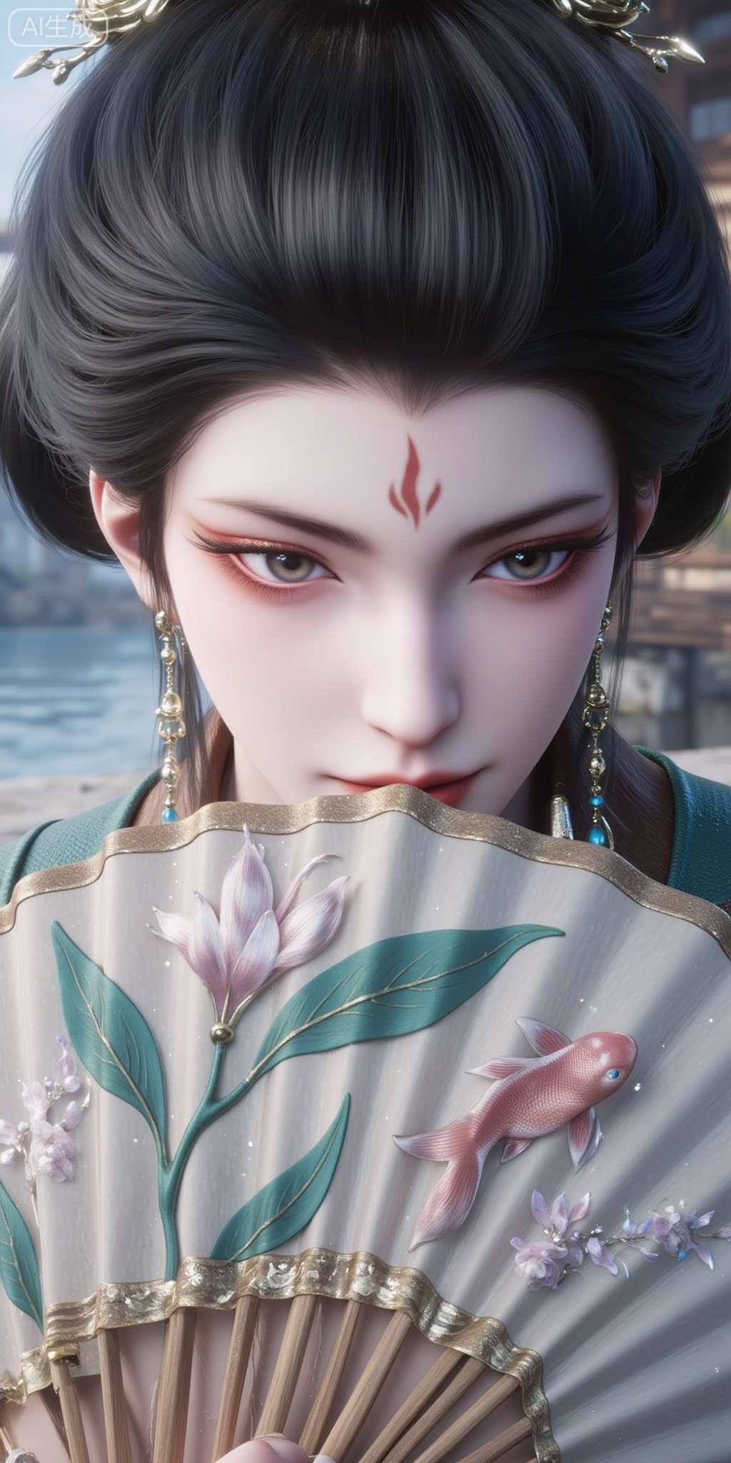 Black-haired woman, blue eyes, eye makeup with glitter pink, pink carp beside her cheeks, and a fan decorated with bamboo leaves and white flowers covers half of her face, close-up of half of her face. Wear long tassel earrings, with gem embellishments, close-ups of the face, ancient style, and beautiful style.,Xlihanyi,1girl,xb