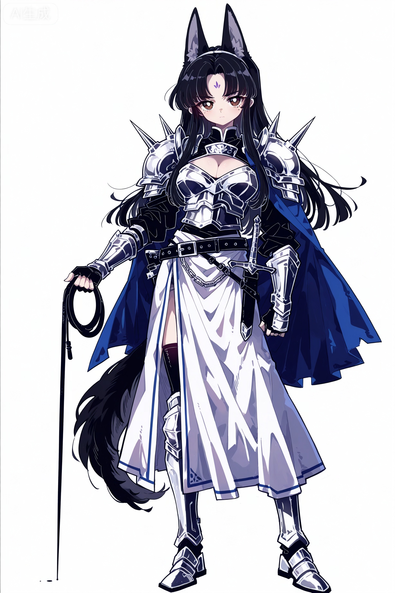 Solo, whole body, mature_monster_girl, monster_headdress, monster_clothes,full body, monochrome theme, outline: 1.2
//retro_artstyle,1980s_(style),
Line art, masterpiece, the best quality, extremely exquisite and beautiful,
Huge file size, amazing quality,multicolored hair,,(imazawa:1.1),(maccha_(mochancc):0.3),(ningen_mame:0.8),(mochizuki_kei:0.75),
//
1 girl, breasts, cleavage,white background,Armed with a weapon,Battle stance,
1girl, solo, animal ears, black hair, full body, whip, armor, long hair, gloves, dog ears, looking at viewer, standing, weapon, breastplate, parted bangs, white background, holding whip, boots, simple background, belt, shoulder armor, brown eyes, outstretched arm, chain, armored boots, sword, spikes, mole under eye, dog girl, closed mouth, pauldrons, mole, holding, cuffs