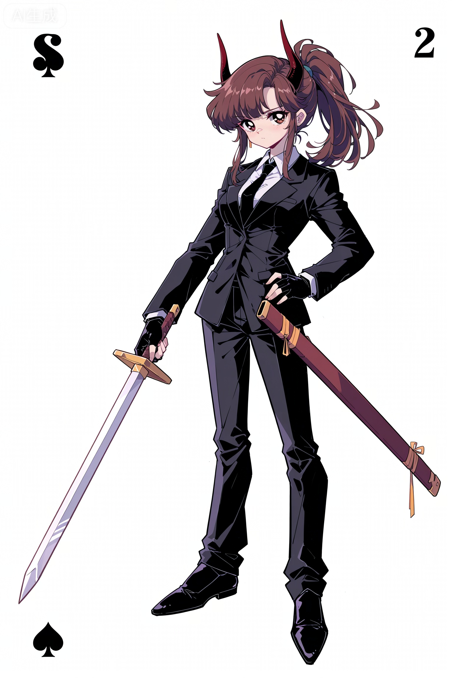 Solo, whole body, mature_monster_girl, monster_headdress, monster_clothes,full body,

White background, monochrome theme, outline: 1.2

Cujiujiu,//retro_artstyle,1980s_(style),

Line art, masterpiece, the best quality, extremely exquisite and beautiful,

Huge file size, amazing quality,multicolored hair,,(imazawa:1.1),(maccha_(mochancc):0.3),(ningen_mame:0.8),(mochizuki_kei:0.75),
//
1 girl, breasts, cleavage, ,full body,retro artstyle, 1990s \(style\)
card , retro artstyle ,1980s (style) , 
1girl, solo, weapon, sword, necktie, suit, black necktie, formal, pants, shirt, full body, holding, gloves, holding weapon, holding sword, black pants, white shirt, white background, brown hair, collared shirt, jacket, ponytail, standing, black gloves, black footwear, fingerless gloves, horns, black jacket, black suit, long sleeves, simple background, closed mouth, shoes, sheath