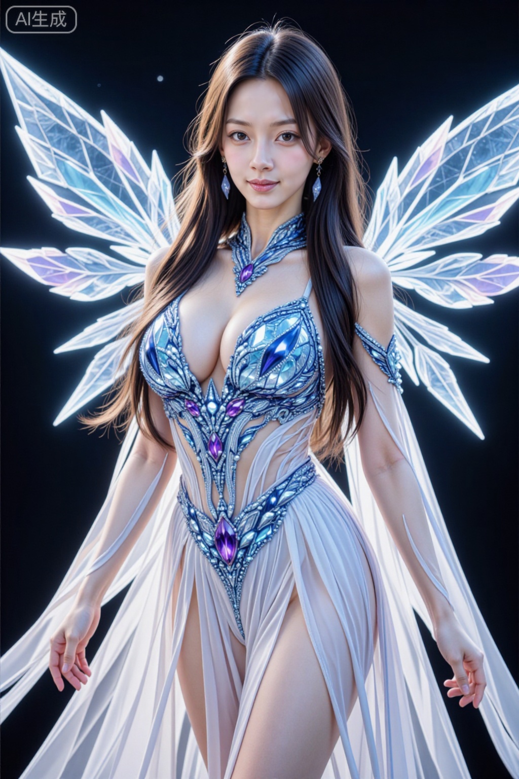 This is a highly detailed, digital CGI artwork of a beautiful Asian woman with long, flowing black hair and fair skin. She is wearing an intricate, revealing outfit made of sheer, white fabric adorned with blue and purple gemstones that cover her large breasts and wrap around her waist. Her outfit is complemented by large, glowing, crystal-like wings that are illuminated with blue and purple light, extending from her back. She has a confident expression and is standing against a black background. Her makeup is subtle, highlighting her delicate features. The overall style is fantasy-themed with a focus on ethereal beauty and magical elements., large glowing crystal wings with a pink and blue hue, sheer white high-waisted skirt, blue and purple crystal-embellished bikini top