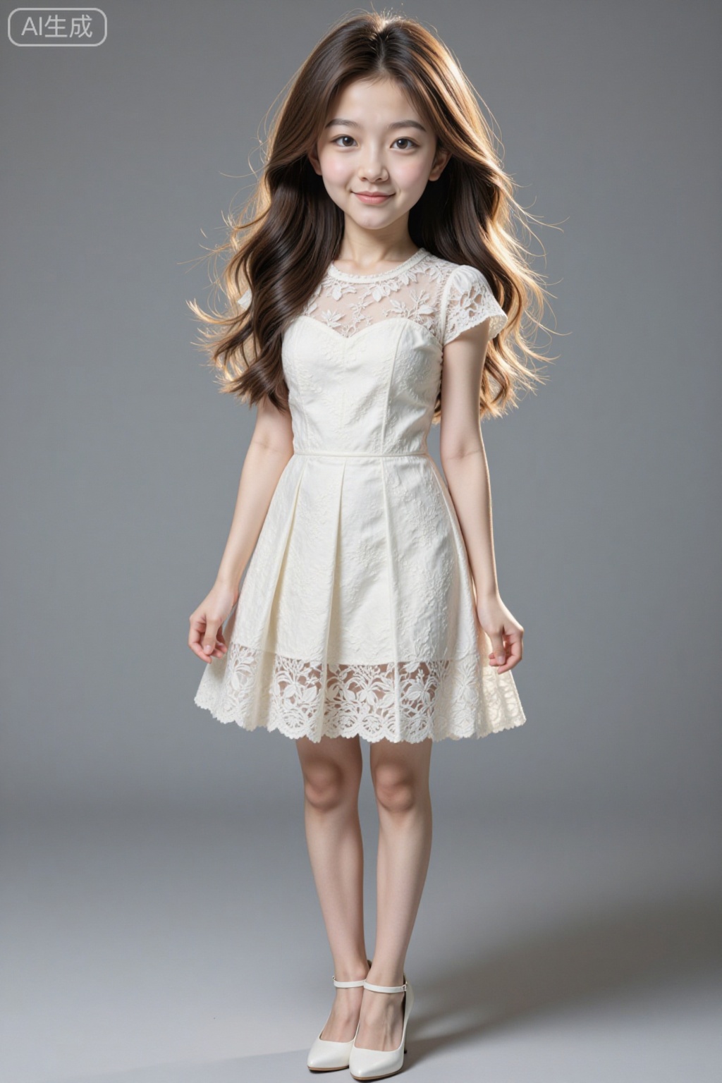 Photograph of a young Asian girl with long, wavy brown hair, standing against a plain gray background. She has a fair complexion and a gentle smile. She is wearing a sleeveless, white lace dress with intricate floral patterns and a lace hem that reaches mid-thigh. The dress has a modest neckline. She is also wearing white high-heeled shoes with ankle straps. Her arms are relaxed by her sides, and she stands with a slight tilt to her right. The lighting is soft, highlighting her delicate features and the texture of the lace dress. The overall style is elegant and whimsical., chibi, chibi young woman