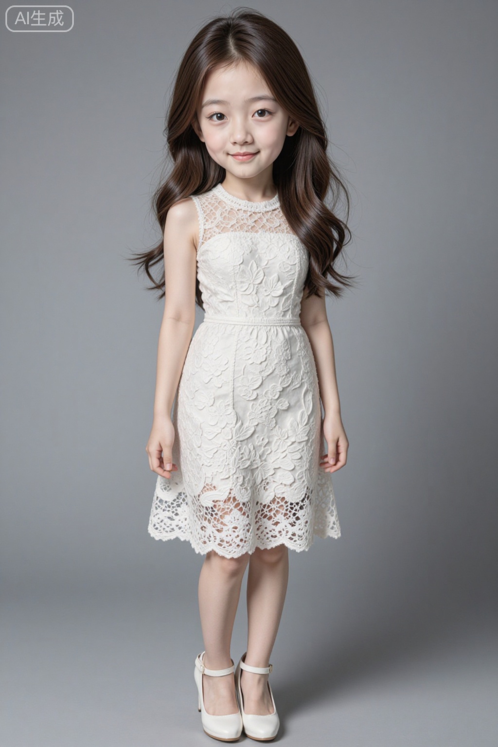 Photograph of a young Asian girl with long, wavy brown hair, standing against a plain gray background. She has a fair complexion and a gentle smile. She is wearing a sleeveless, white lace dress with intricate floral patterns and a lace hem that reaches mid-thigh. The dress has a modest neckline. She is also wearing white high-heeled shoes with ankle straps. Her arms are relaxed by her sides, and she stands with a slight tilt to her right. The lighting is soft, highlighting her delicate features and the texture of the lace dress. The overall style is elegant and whimsical., chibi, chibi young woman