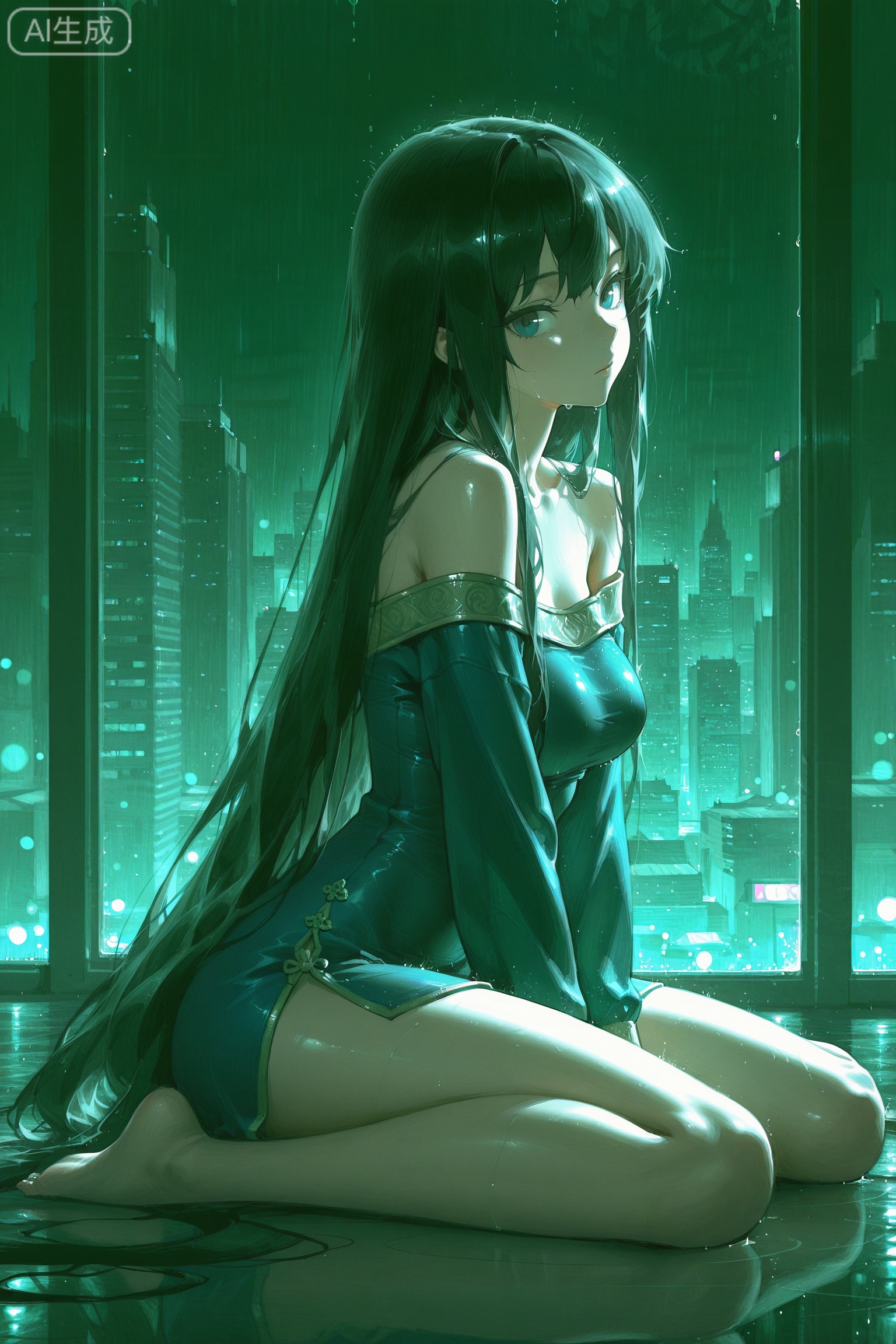 ART_GAMECG,(masterpiece, best quality, ultra-detailed, 8k resolution:1.3),
beautiful and aesthetic, stunningly beautiful,
sharp focus, intricate details, accurate anatomy,
vibrant colors, brilliant colors, depth of field, bokeh,
dynamic composition, ,ART_ACG,
1girl,long hair,solo,very long hair,black hair,rain,sitting,reflection,cityscape,off shoulder,skyscraper,window,city,building,indoors,looking at viewer,bare shoulders,city lights,long sleeves,barefoot,reflective floor,off-shoulder ,wariza,night,hand between legs,Chinese clothes