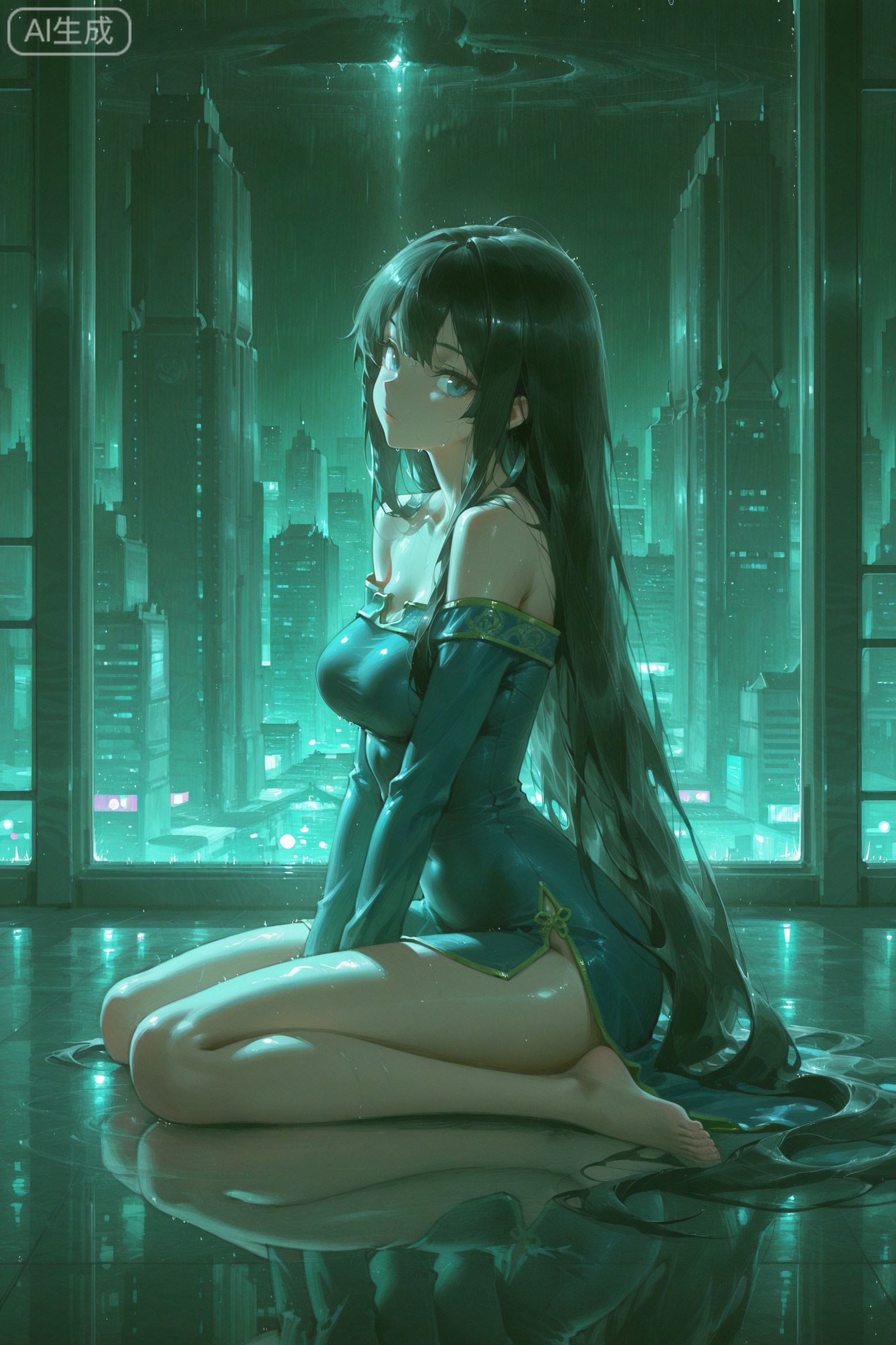 ART_GAMECG,(masterpiece, best quality, ultra-detailed, 8k resolution:1.3),
beautiful and aesthetic, stunningly beautiful,
sharp focus, intricate details, accurate anatomy,
vibrant colors, brilliant colors, depth of field, bokeh,
dynamic composition, ,ART_ACG,
1girl,long hair,solo,very long hair,black hair,rain,sitting,reflection,cityscape,off shoulder,skyscraper,window,city,building,indoors,looking at viewer,bare shoulders,city lights,long sleeves,barefoot,reflective floor,off-shoulder ,wariza,night,hand between legs,Chinese clothes