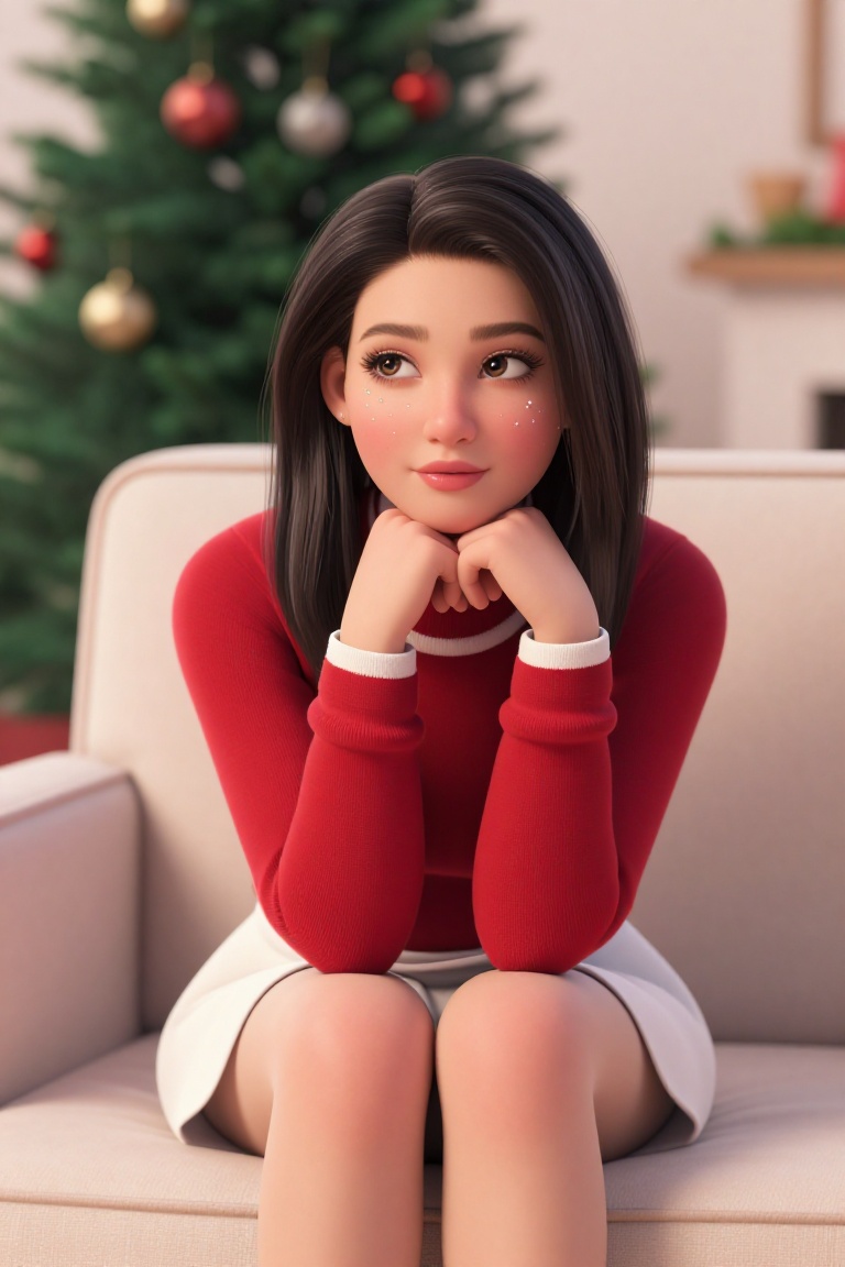 indoor Christmas portrait of a young woman sitting on a cushioned sofa,  body facing forward,  elbows resting on armrest o...