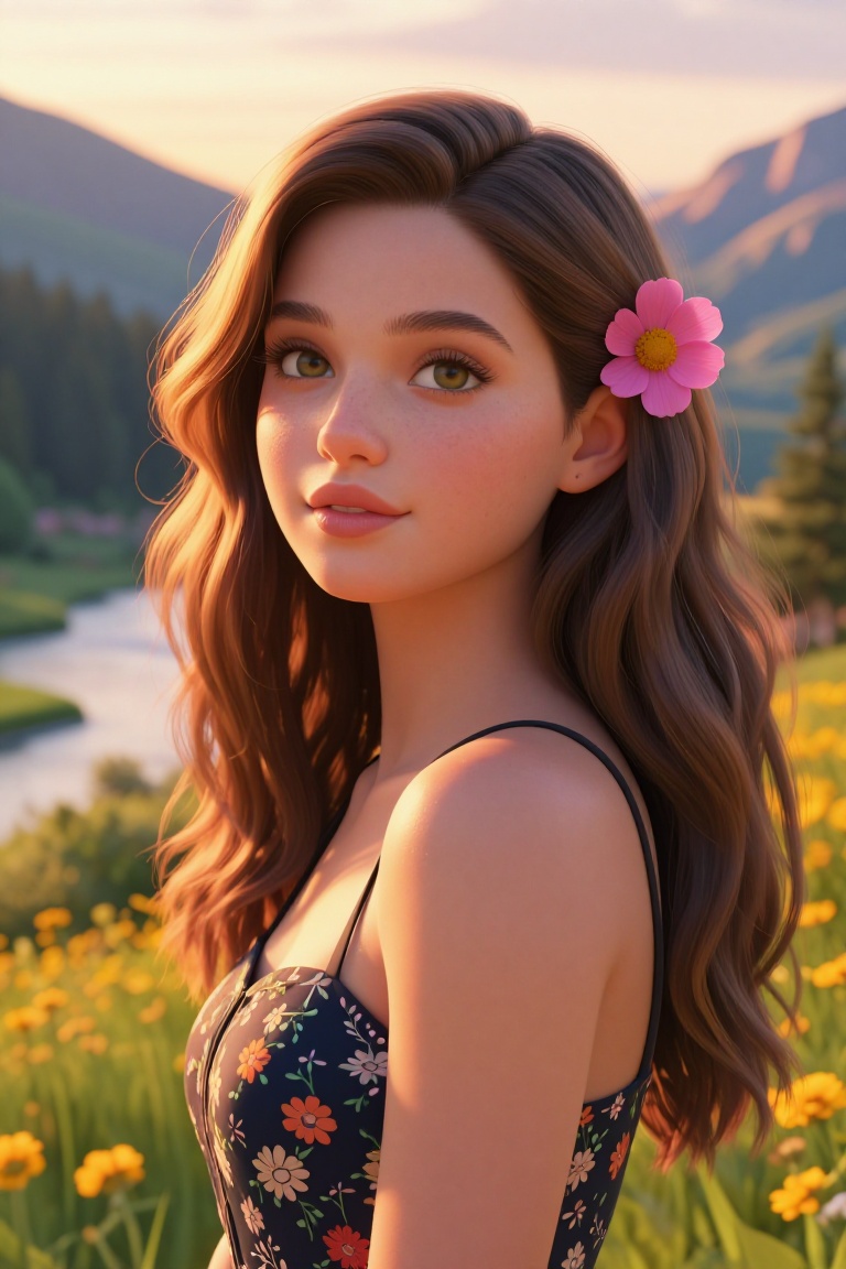 a young woman with soft,  sun-kissed skin and natural freckles,  gazing gently at the viewer. She has deep green eyes on T...