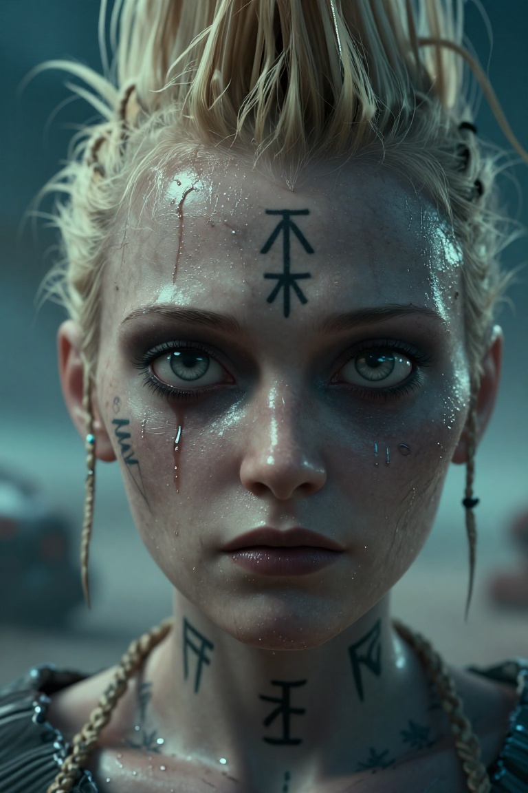 Horror-themed of nordic woman,  ,  mohawk blonde haircut wit thin braids on Tensor.Art