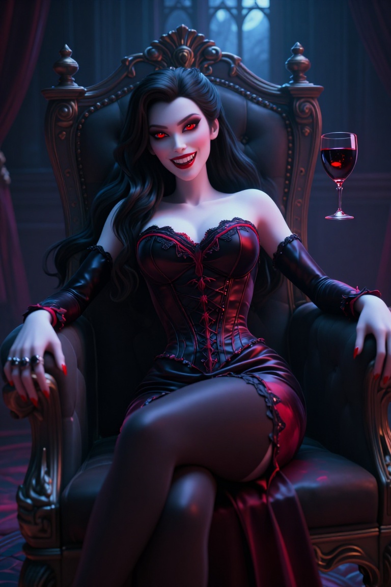An elegant and alluring vampire queen reclines on a grand,  ornate throne in a dimly lit,  gothic castle chamber. She has...