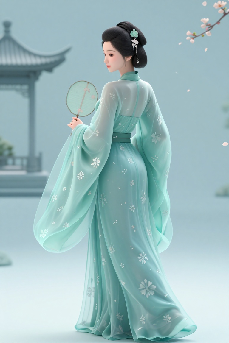 a single woman wearing a light greenish-blue Hanfu (traditional Chinese clothing),  with ancient-style attire,  floral pat...
