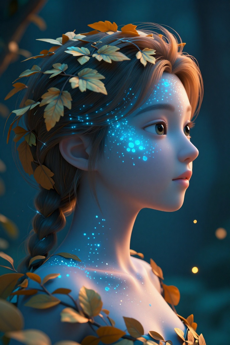 three-quarter profile portrait of a young woman facing to the right,  gaze directed into the distance,  calm introspective...