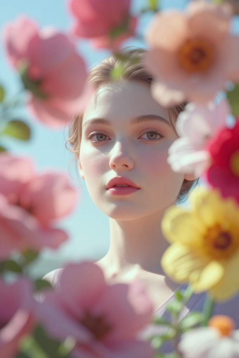 A cinematic outdoor portrait of a young woman with fair luminous skin and soft pink lips,  framed by colorful flowers in t...