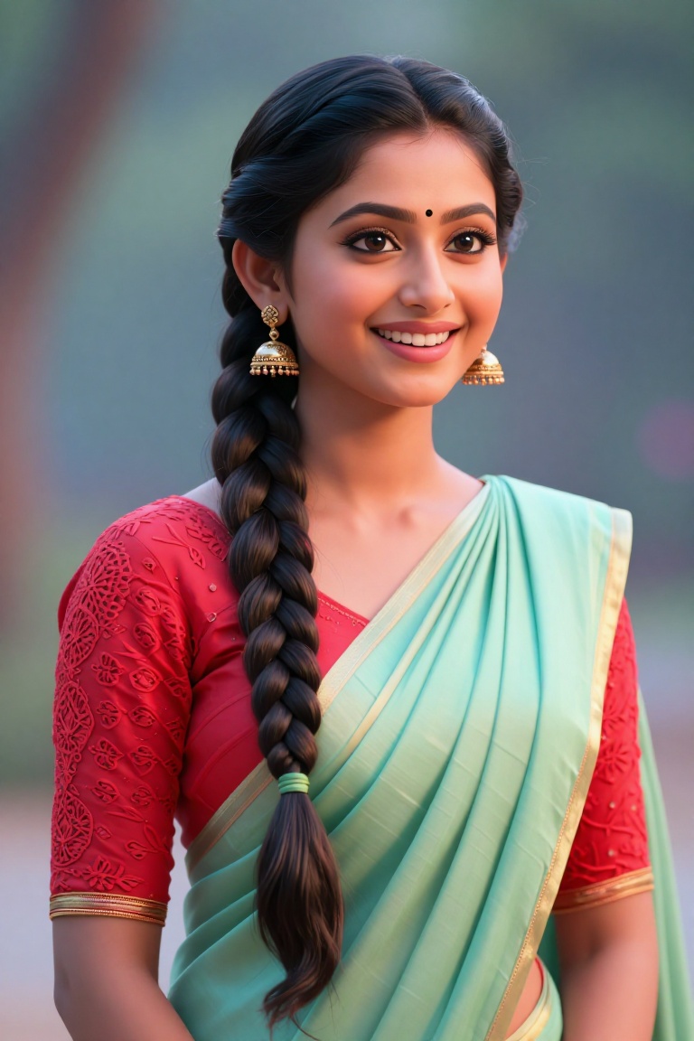 A breathtaking portrait of a young Indian woman with a warm,  radiant smile,  exuding grace and elegance. She has deep bro...
