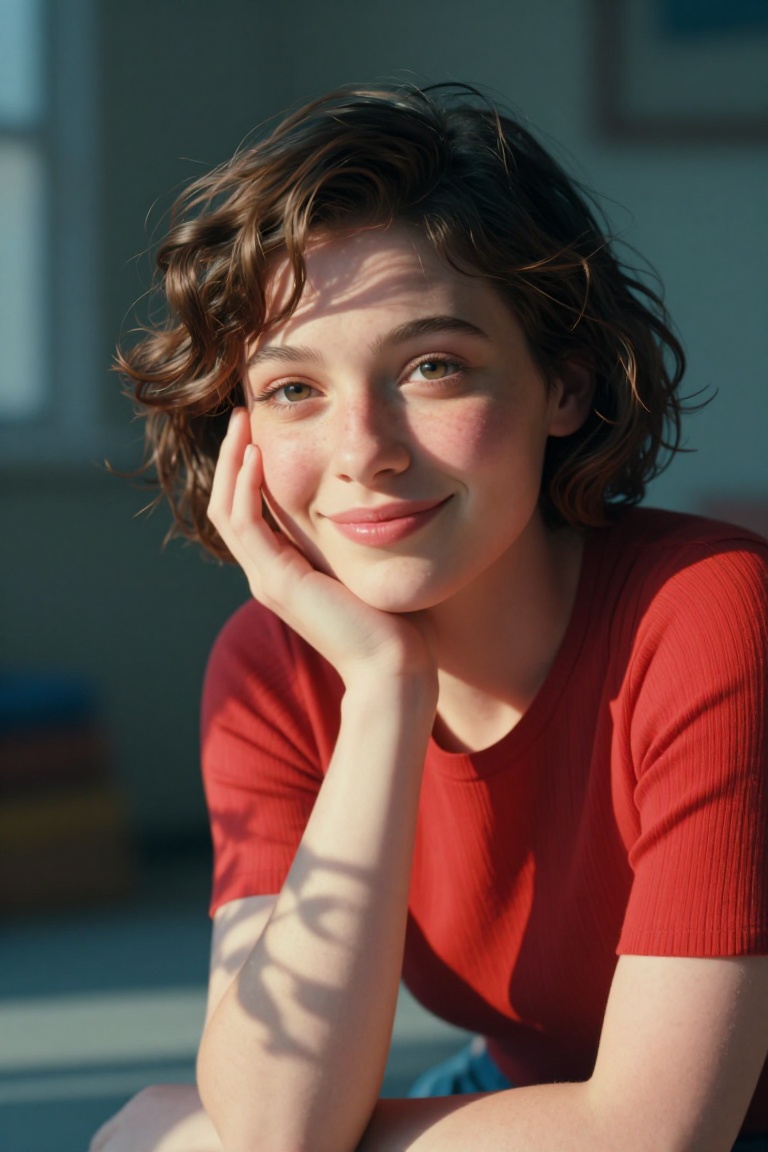 A cinematic portrait of a young woman with fair skin and soft freckles,  short slightly wavy brown hair,  wearing a fitted...
