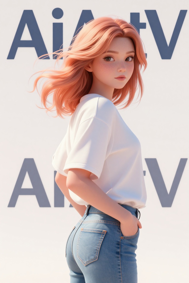 a young woman with fair skin and soft freckles,  shoulder-length flowing hair in warm peach-orange tones,  slightly messy...