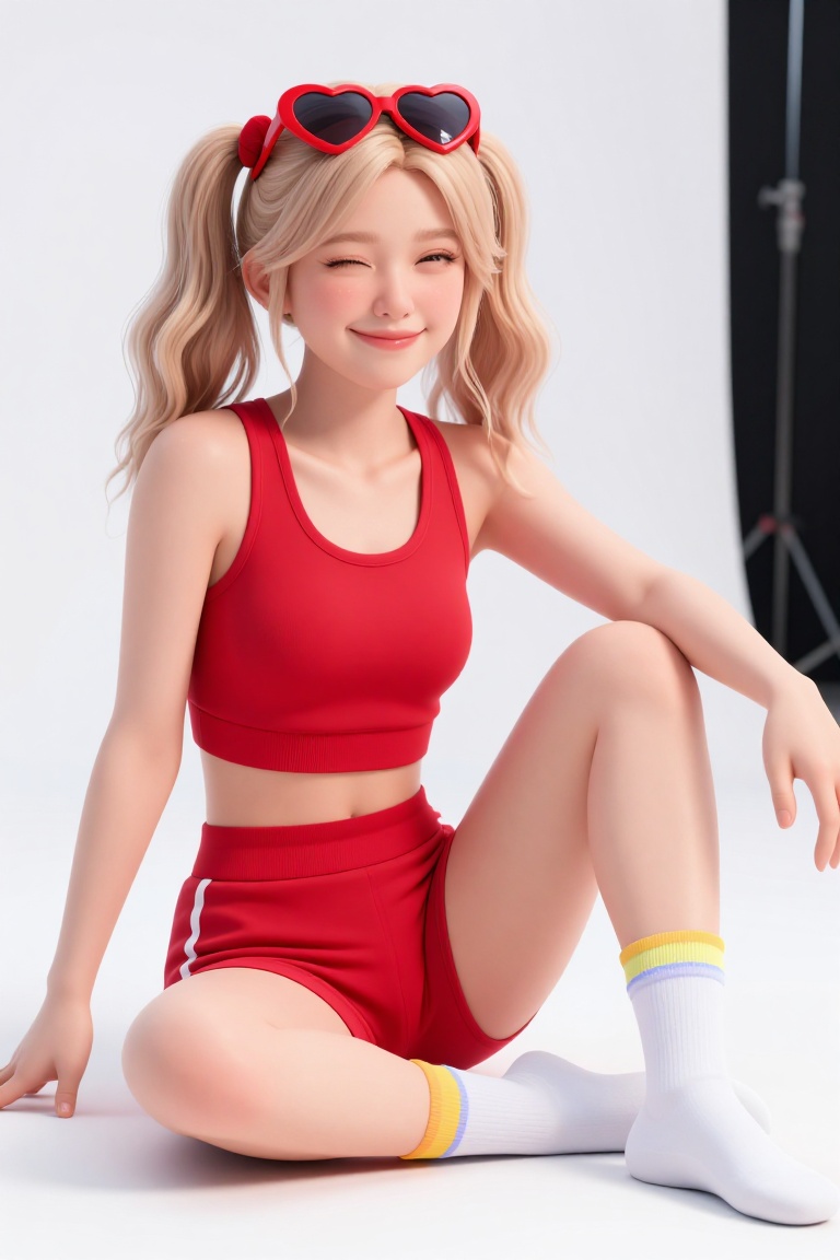 studio fashion portrait of a young Asian woman sitting in a relaxed pose with one leg bent and the other extended,  body a...