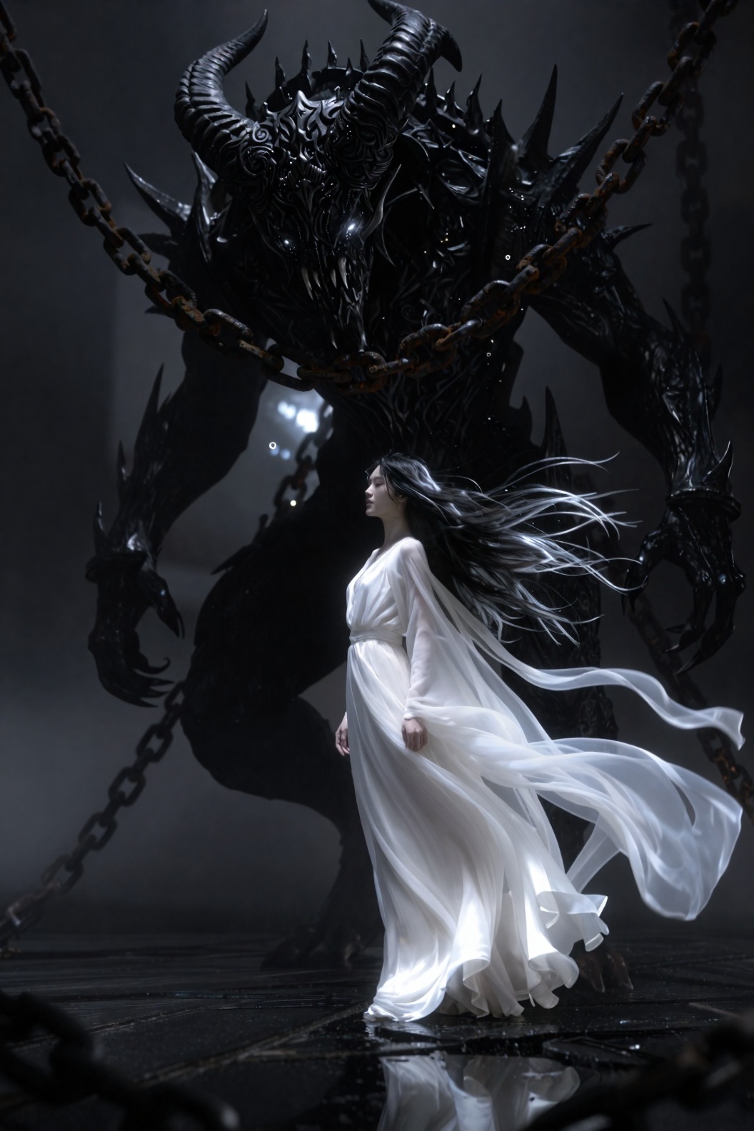 绘画niji暗黑奇幻史诗风格,  巨型黑色恶魔与白衣女子的反差场景：巨型暗黑恶魔（通体呈哑光黑与金属光泽交织的质感,  头生螺旋巨角 on Tensor.Art