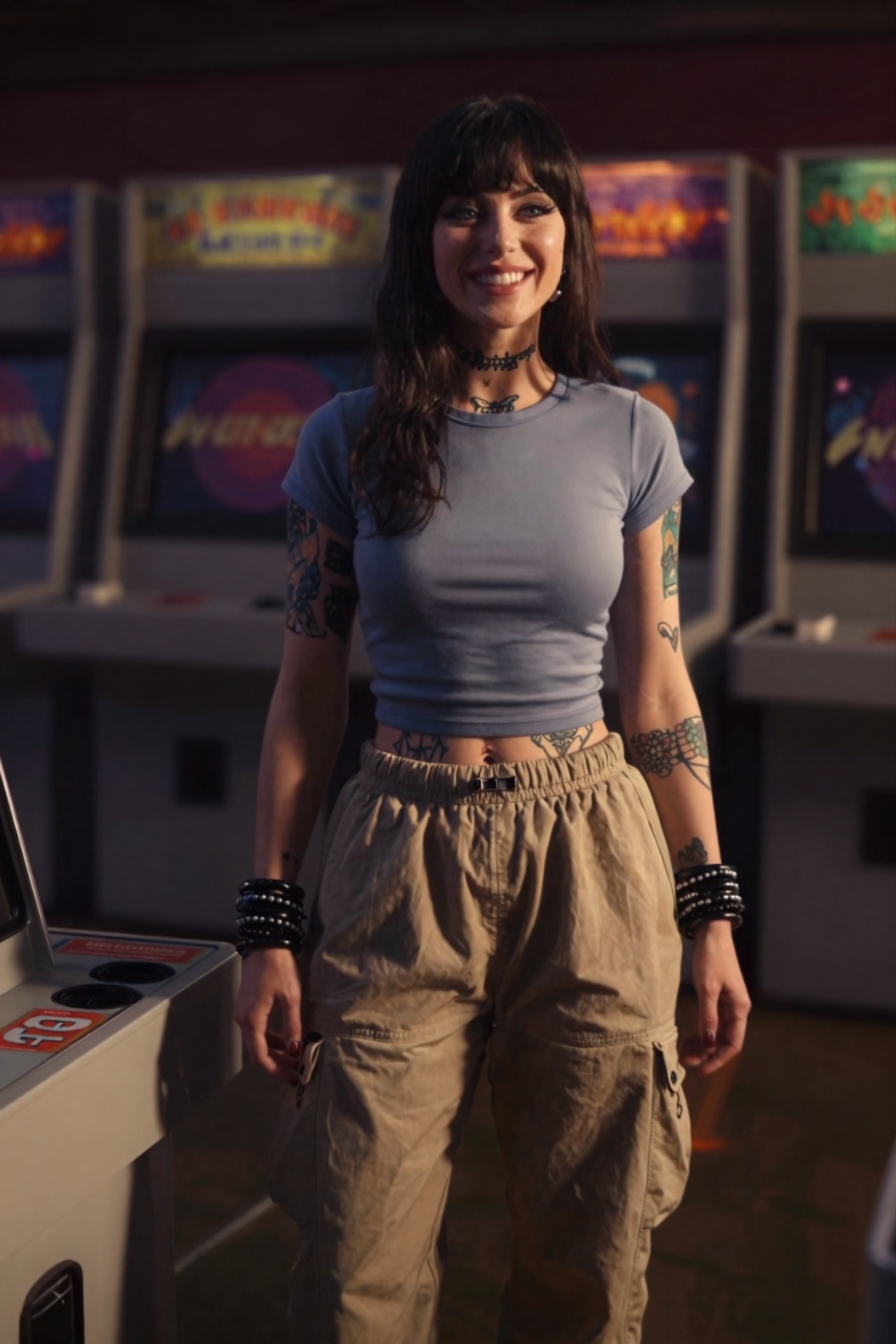 a beautiful young woman with grey eyes,  she is standing inside an arcade,  happy on Tensor.Art