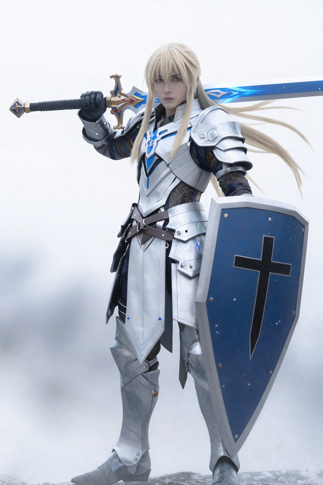 Create a character dressed in intricate armor,  predominantly white with blue accents,  standing in a snowy environment. T...