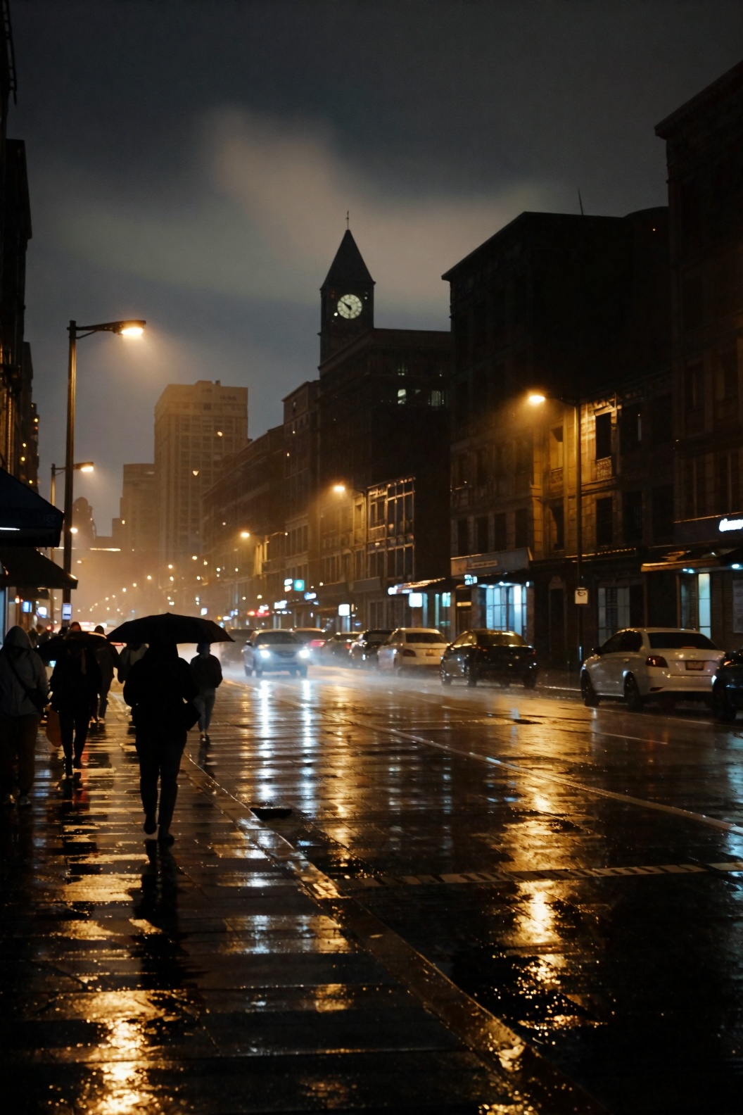 The image depicts a rainy urban scene at night. The foreground shows a wet street reflecting the lights from the street la...